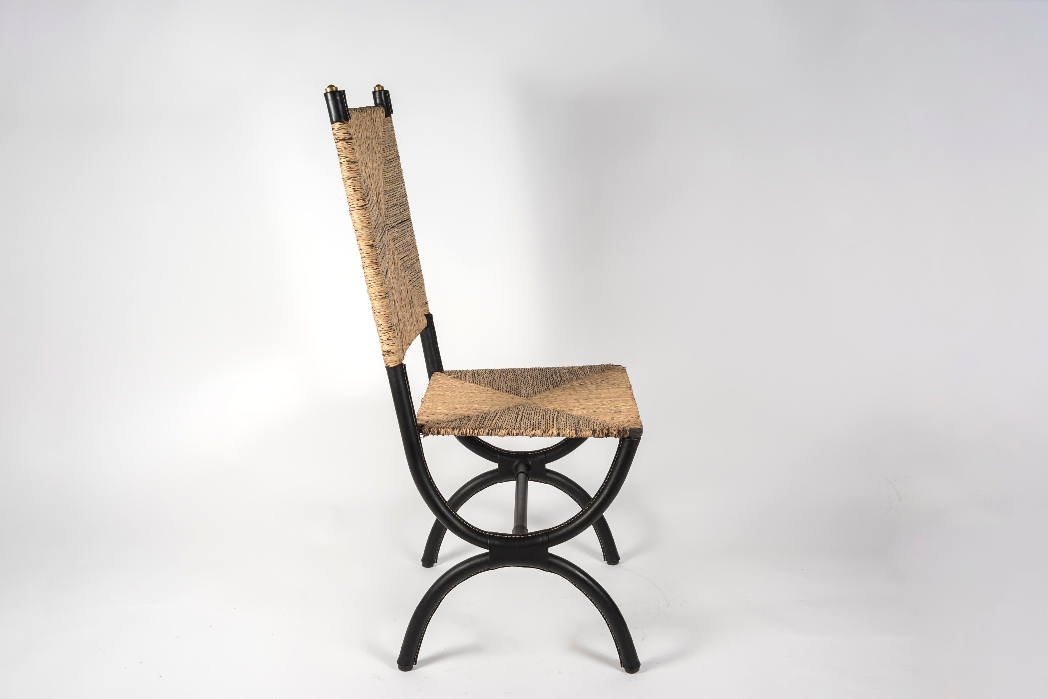 1950's Stitched Leather and Rope Pair of Chairs by Jacques Adnet For Sale 1