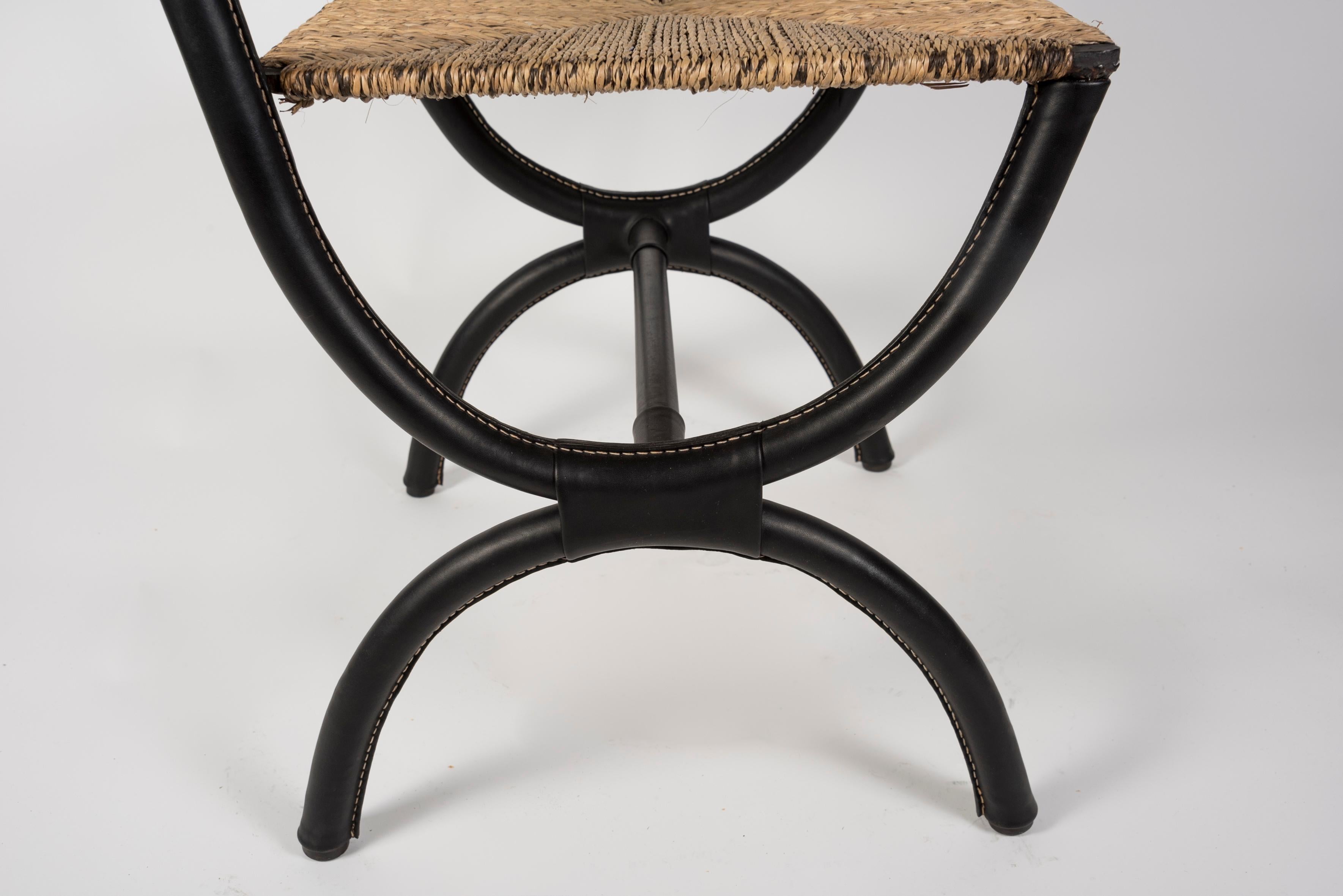 1950's Stitched Leather and Rope Pair of Chairs by Jacques Adnet For Sale 2