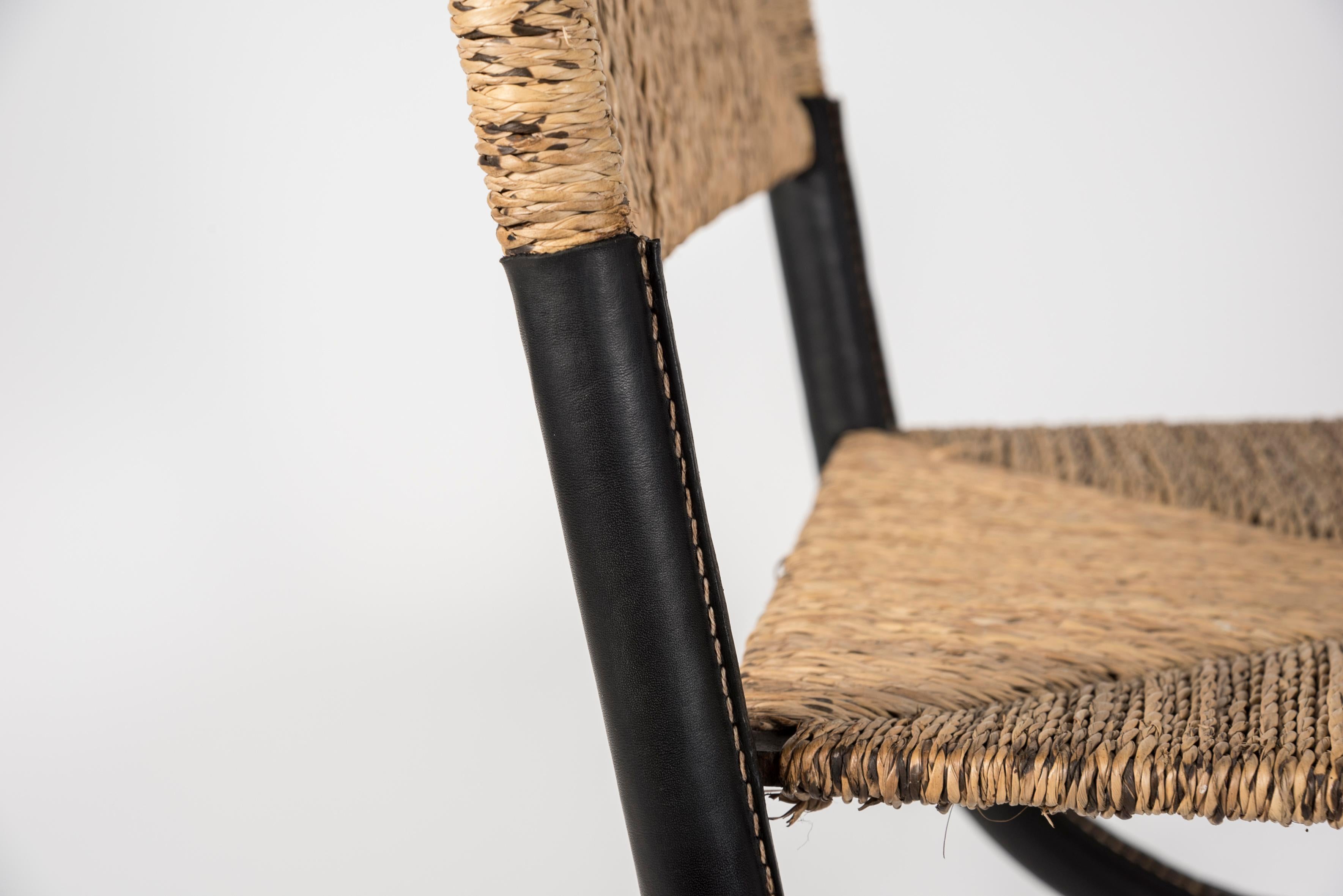 1950's Stitched Leather and Rope Pair of Chairs by Jacques Adnet For Sale 3