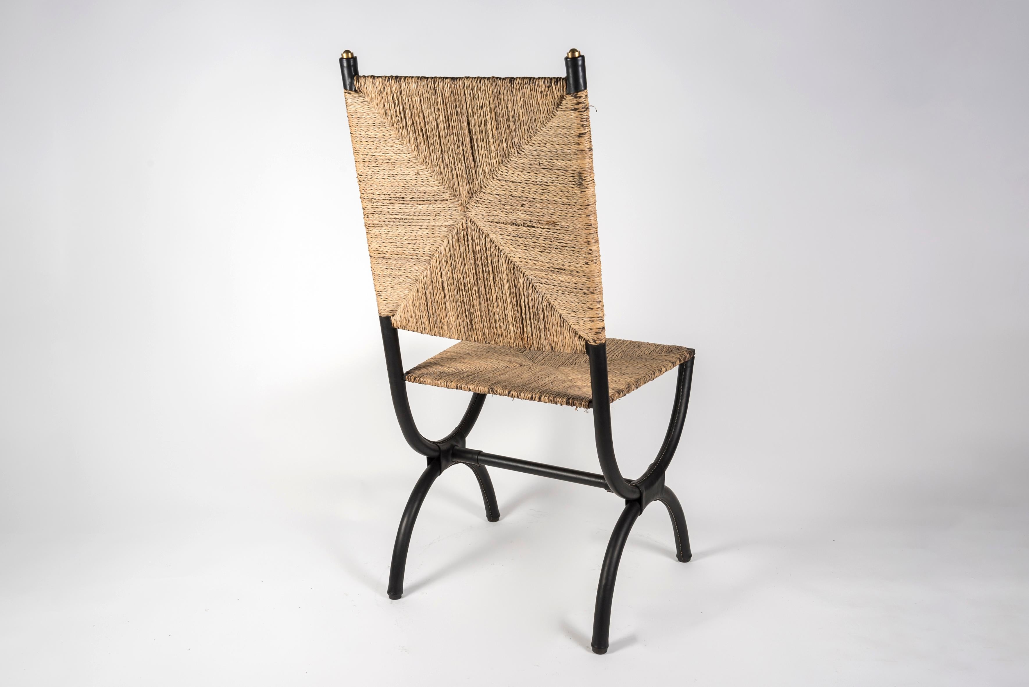 1950's Stitched Leather and Rope Pair of Chairs by Jacques Adnet For Sale 4