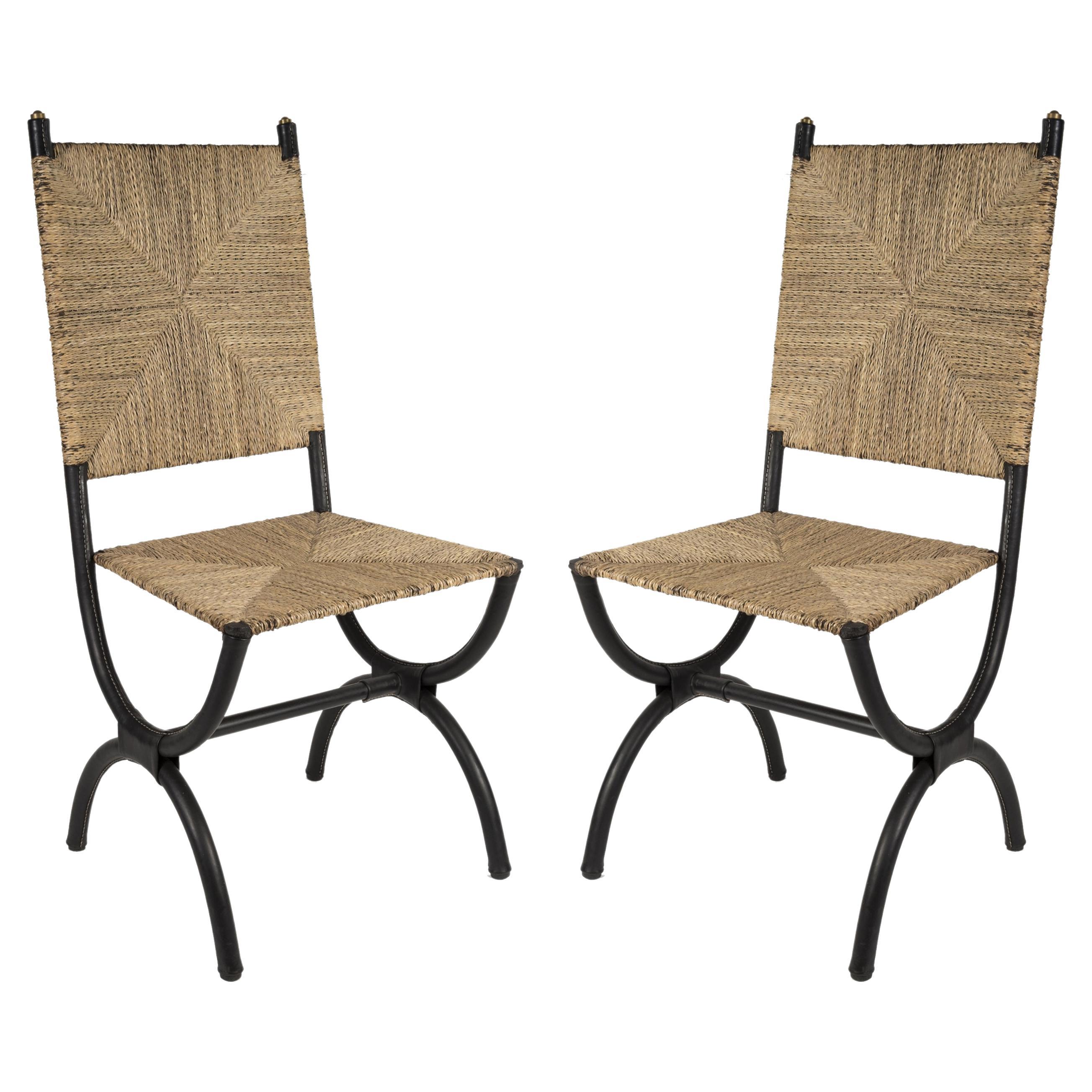 1950's Stitched Leather and Rope Pair of Chairs by Jacques Adnet