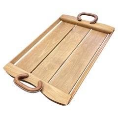 1950's Stitched leather and wood serving tray by Jacques Adnet