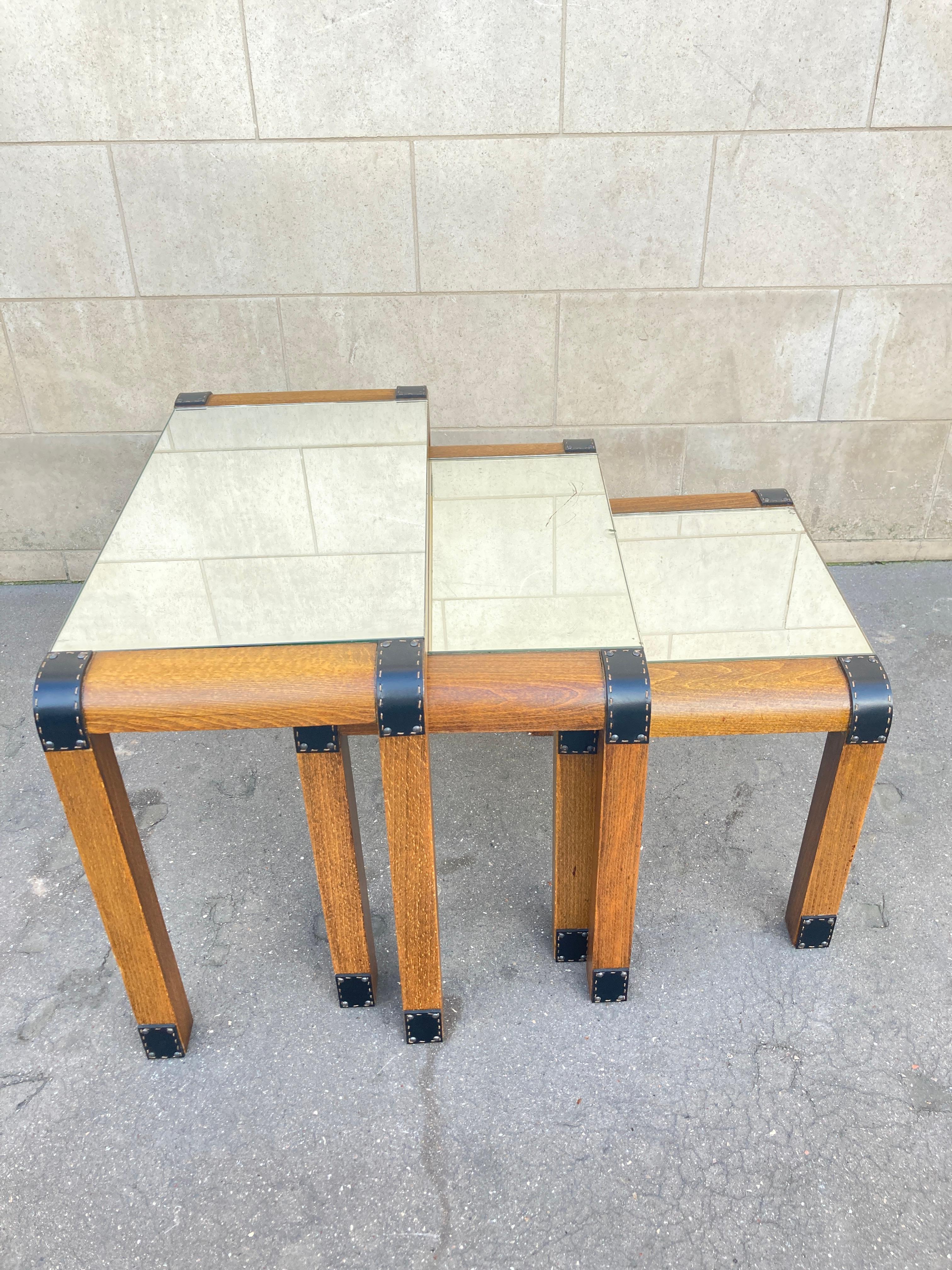 1950's Stitched leather and wood set of  nesting tables by Jacques Adnet For Sale 4
