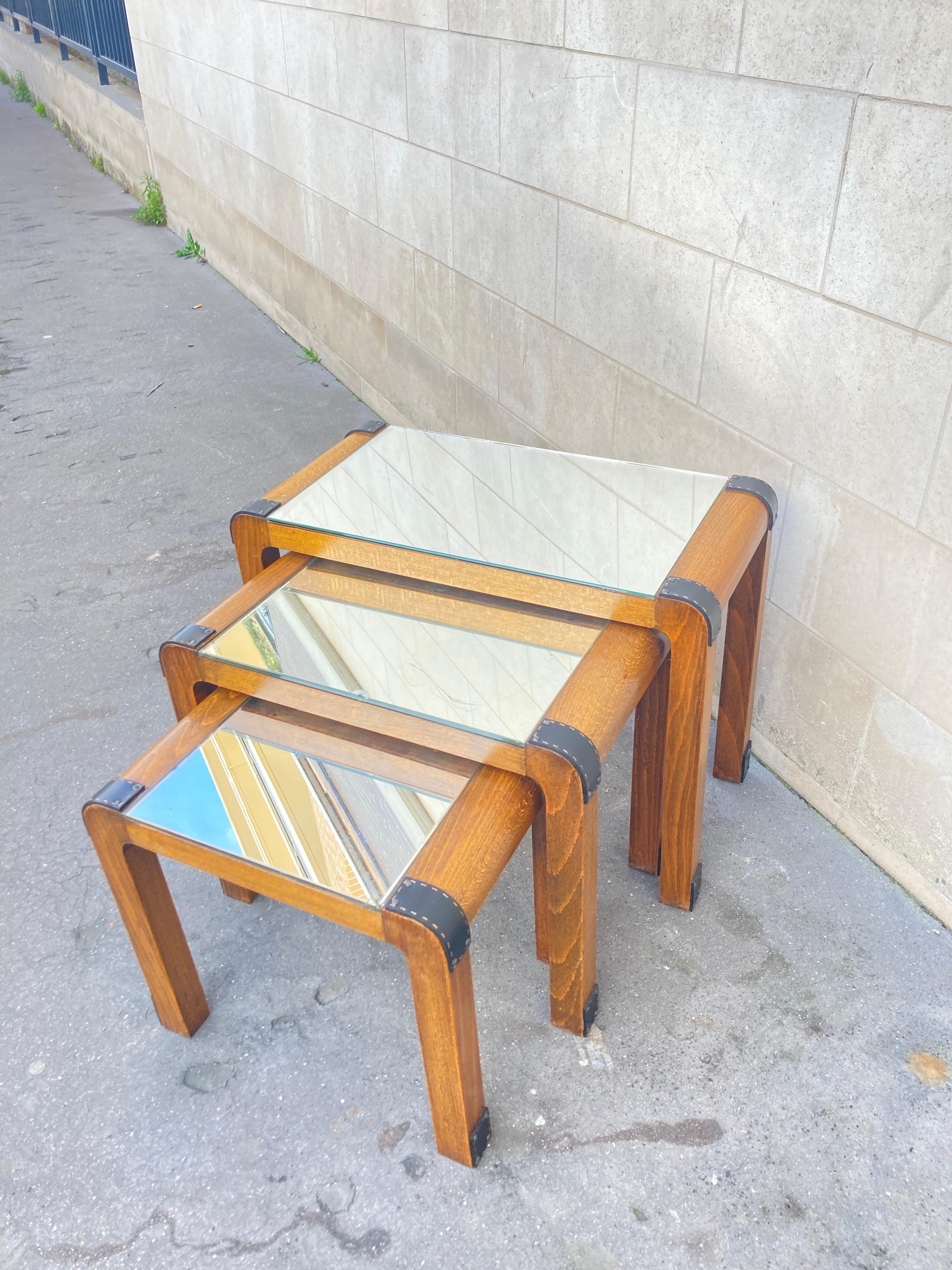 Mid-20th Century 1950's Stitched leather and wood set of  nesting tables by Jacques Adnet For Sale