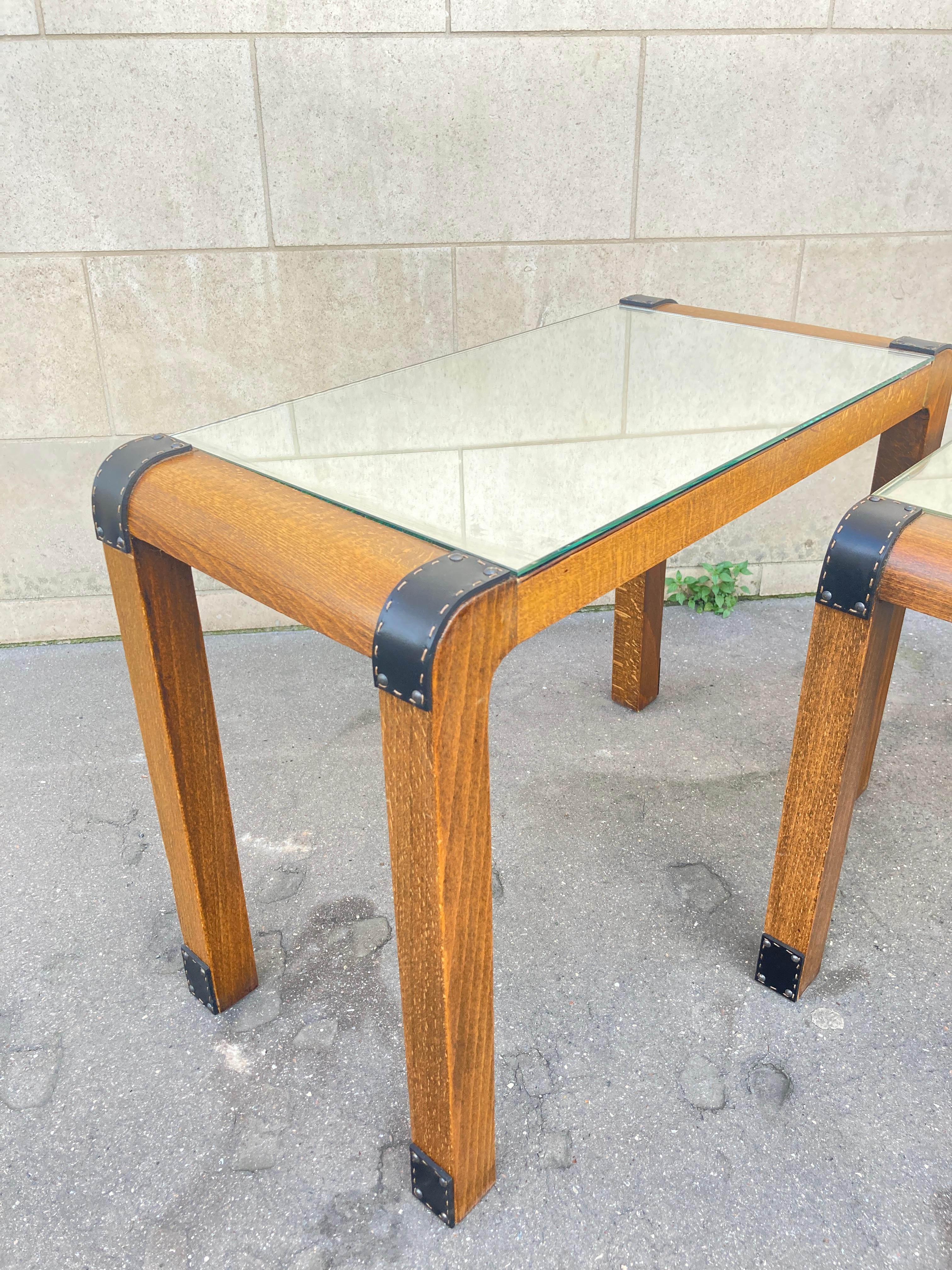 1950's Stitched leather and wood set of  nesting tables by Jacques Adnet For Sale 1