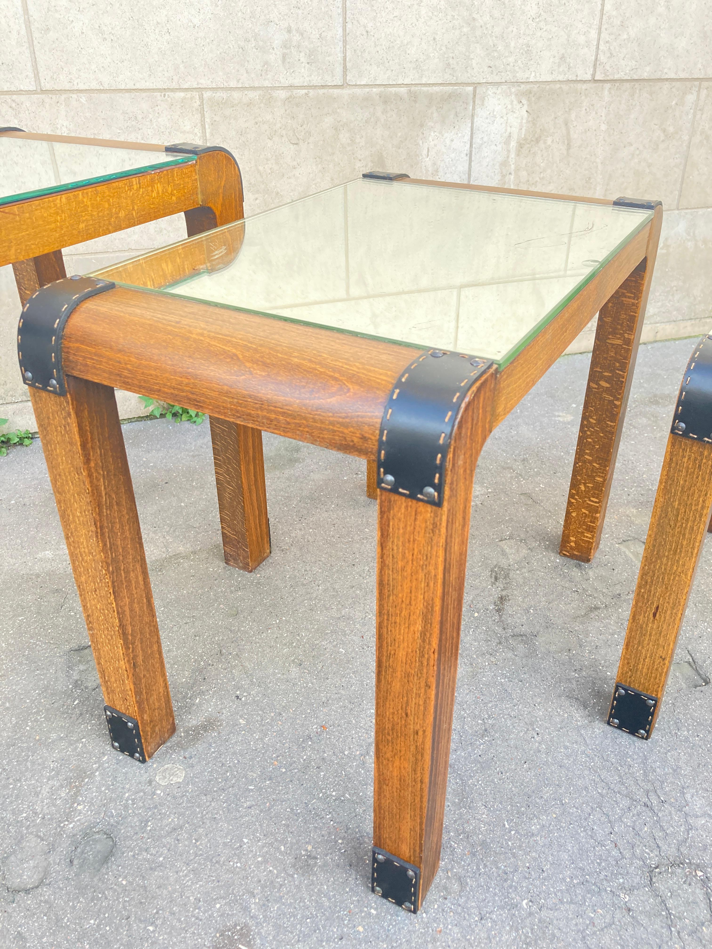 1950's Stitched leather and wood set of  nesting tables by Jacques Adnet For Sale 2