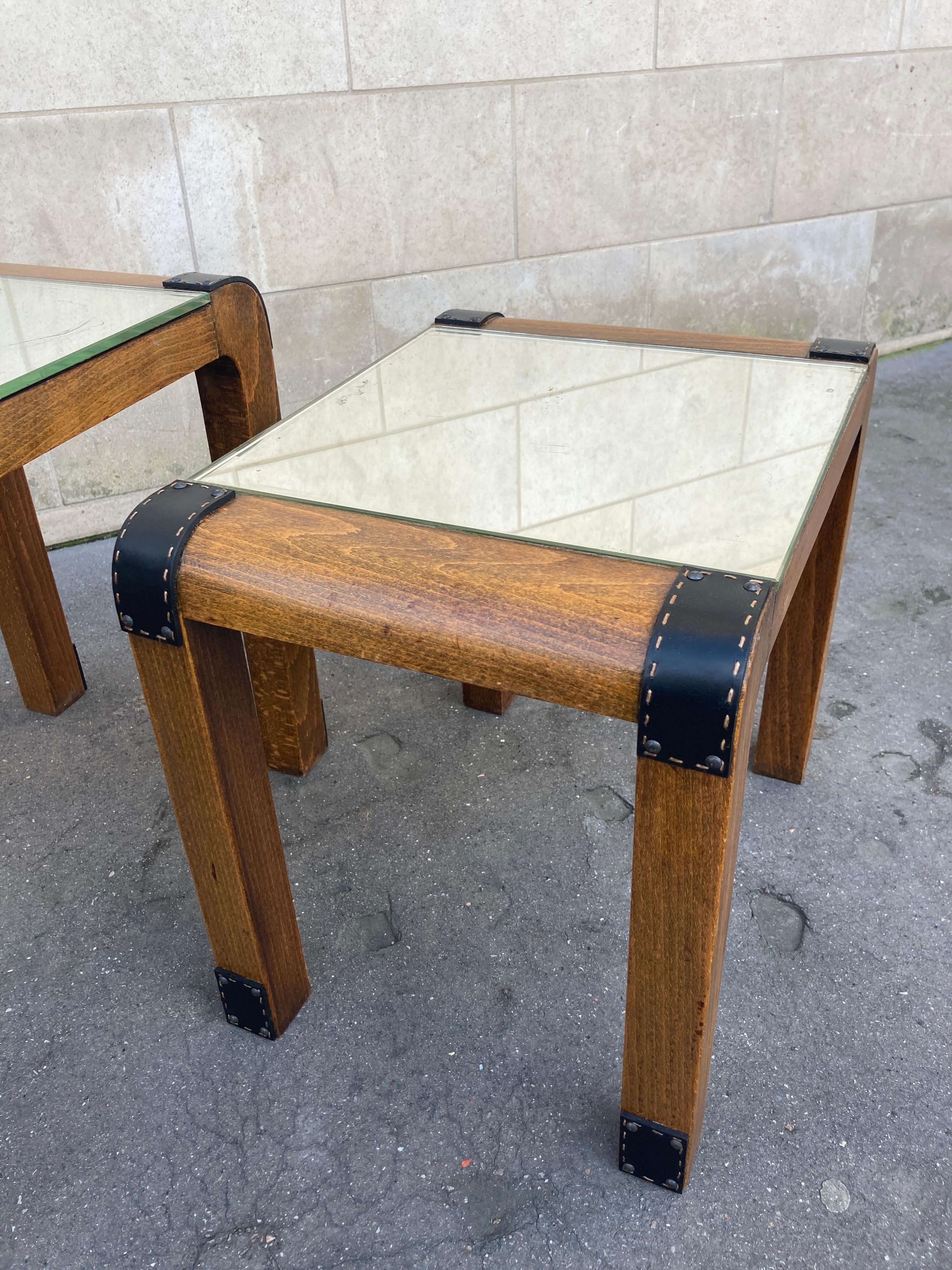 1950's Stitched leather and wood set of  nesting tables by Jacques Adnet For Sale 3