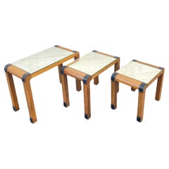 1950's Stitched leather and wood set of  nesting tables by Jacques Adnet