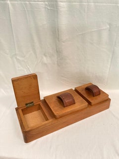 1950's stitched leather and wood side table by Jacques Adnet