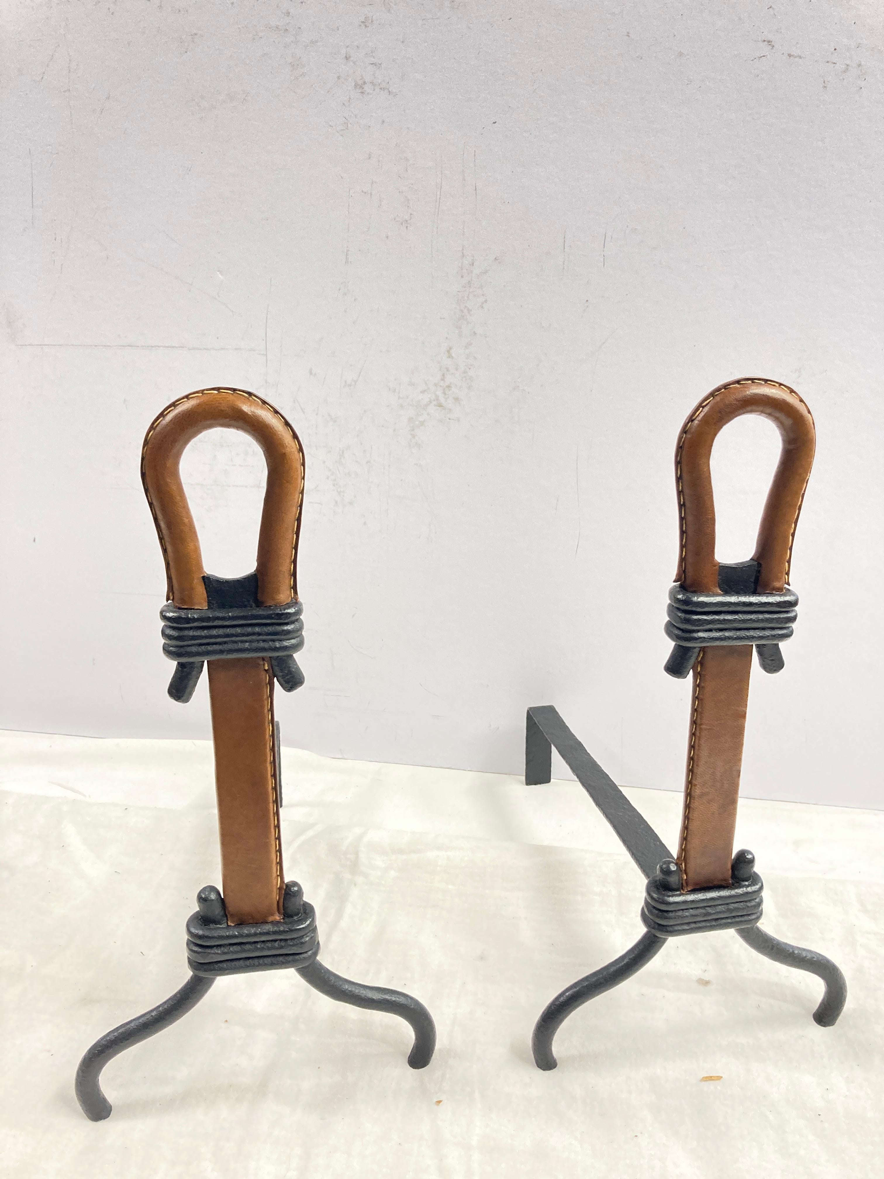 Mid-20th Century 1950's Stitched leather andirons by Jacques Adnet For Sale