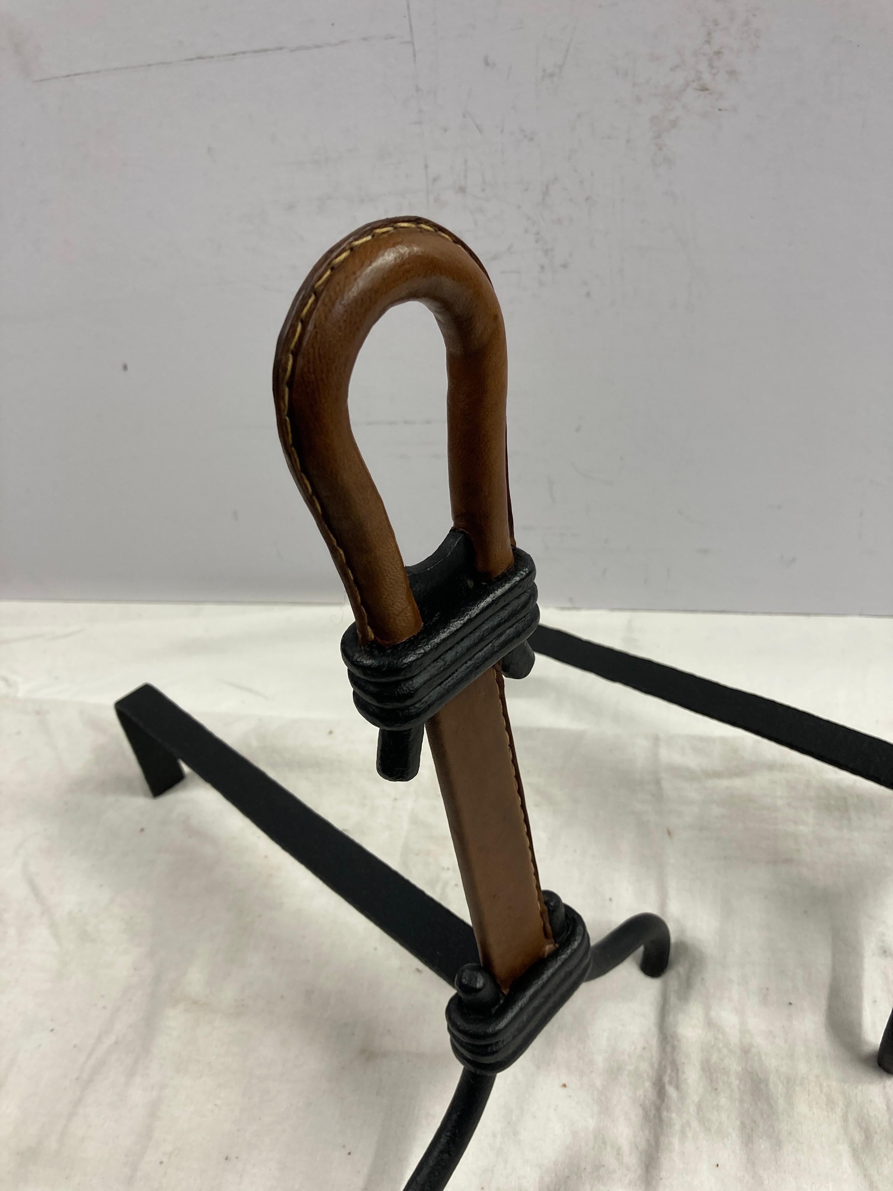 1950's Stitched leather andirons by Jacques Adnet For Sale 1