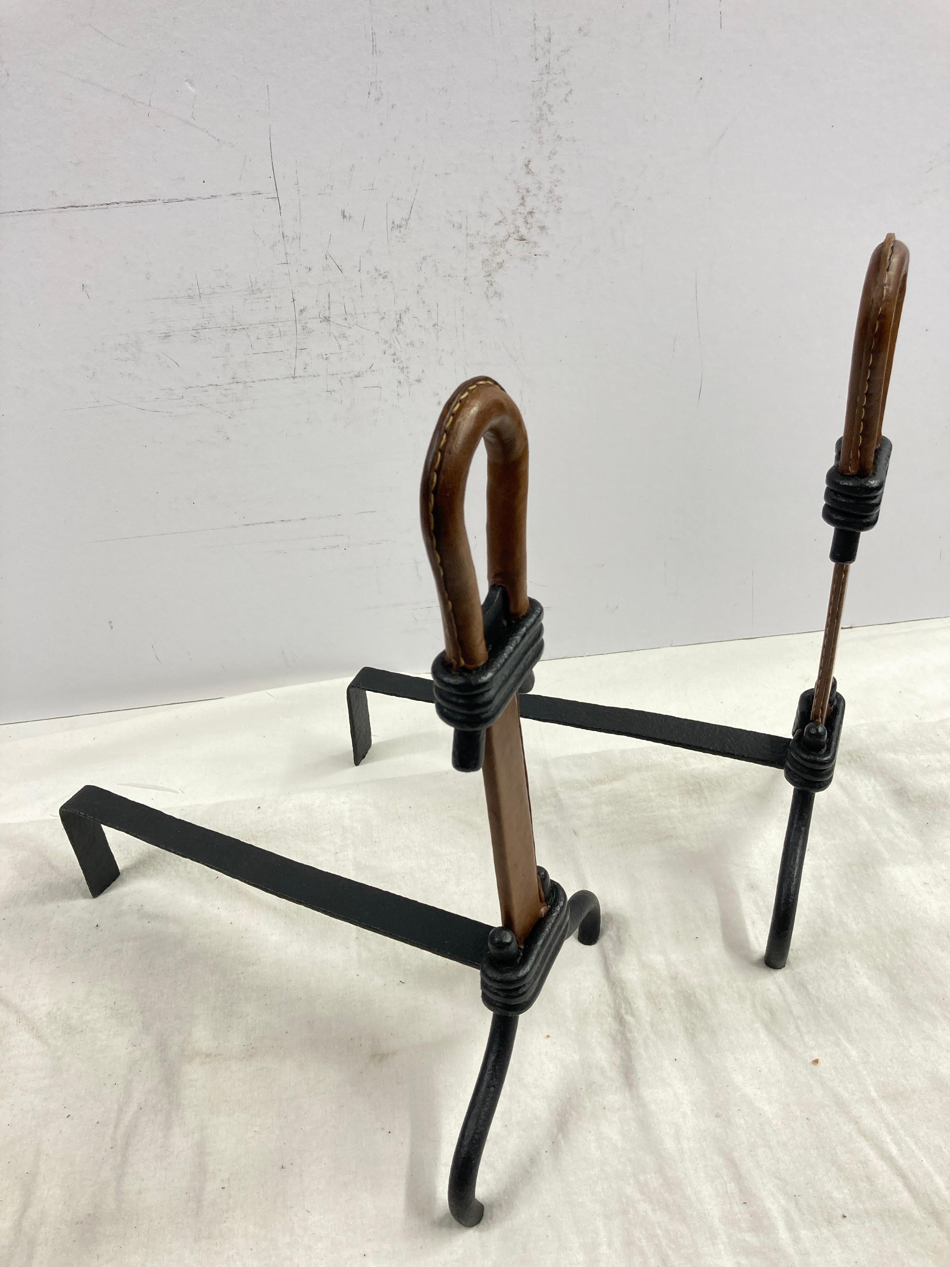 1950's Stitched leather andirons by Jacques Adnet For Sale 3