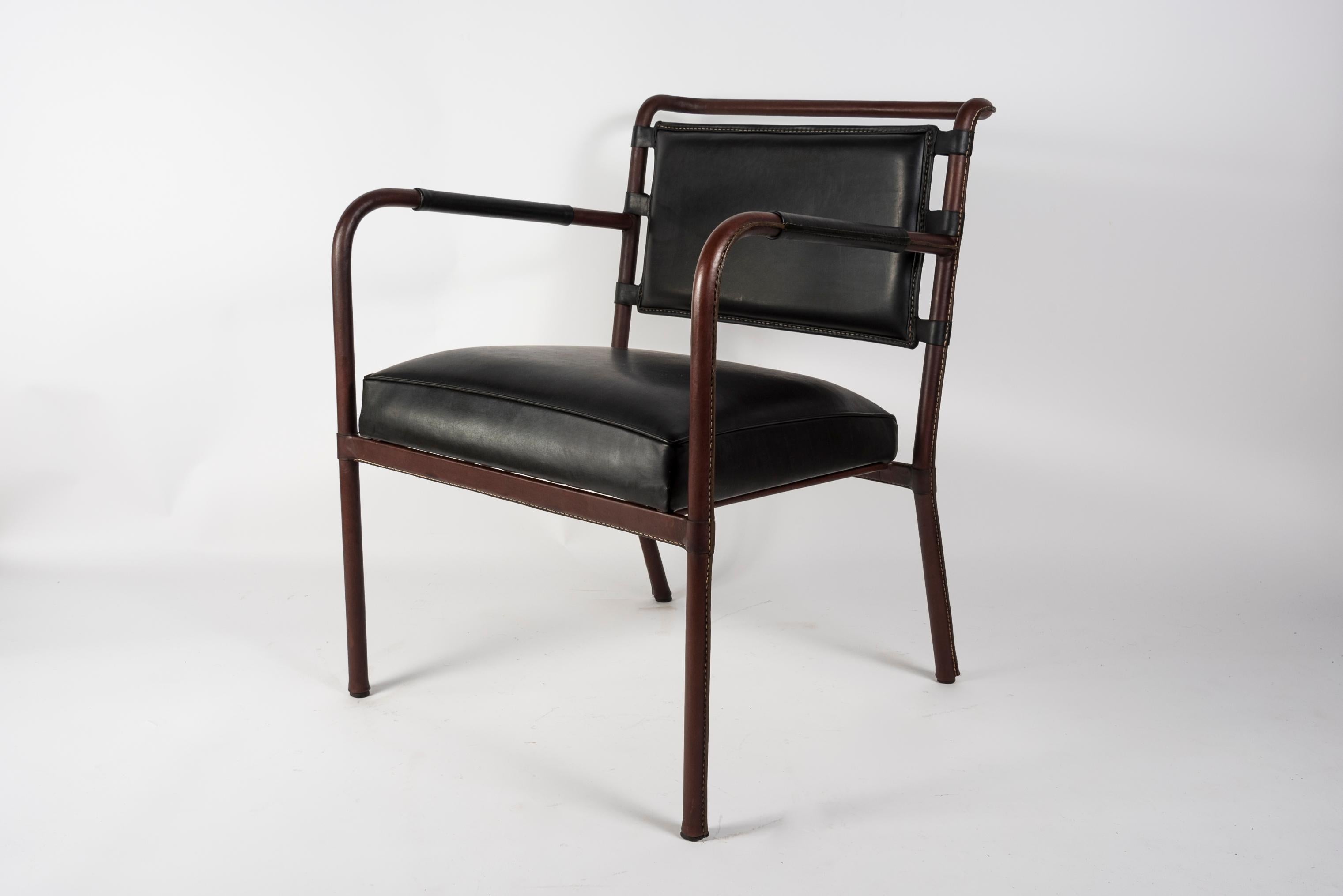 French 1950's Stitched Leather armchair by Jacques adnet For Sale