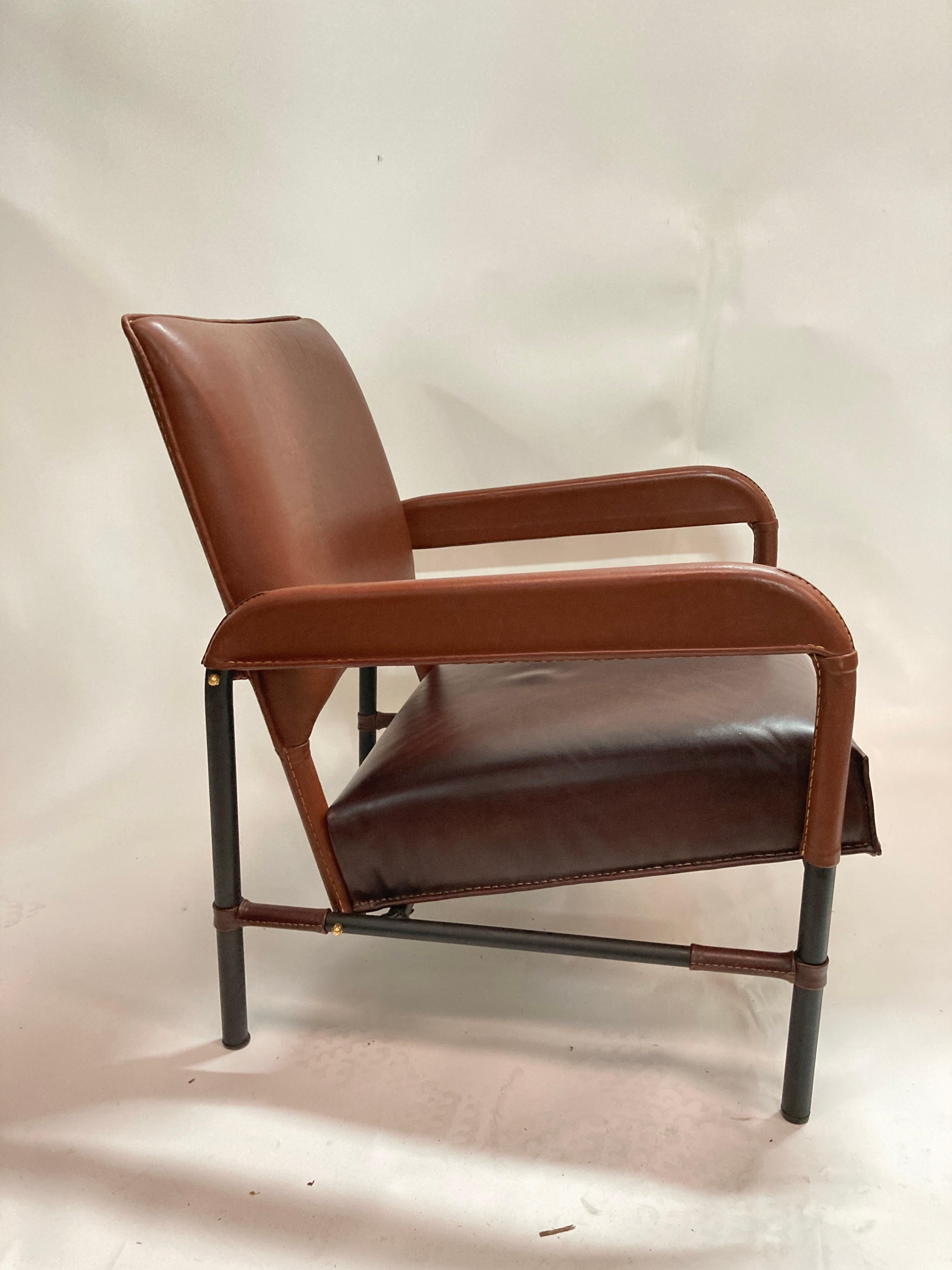 European 1950's Stitched leather armchair by Jacques Adnet For Sale
