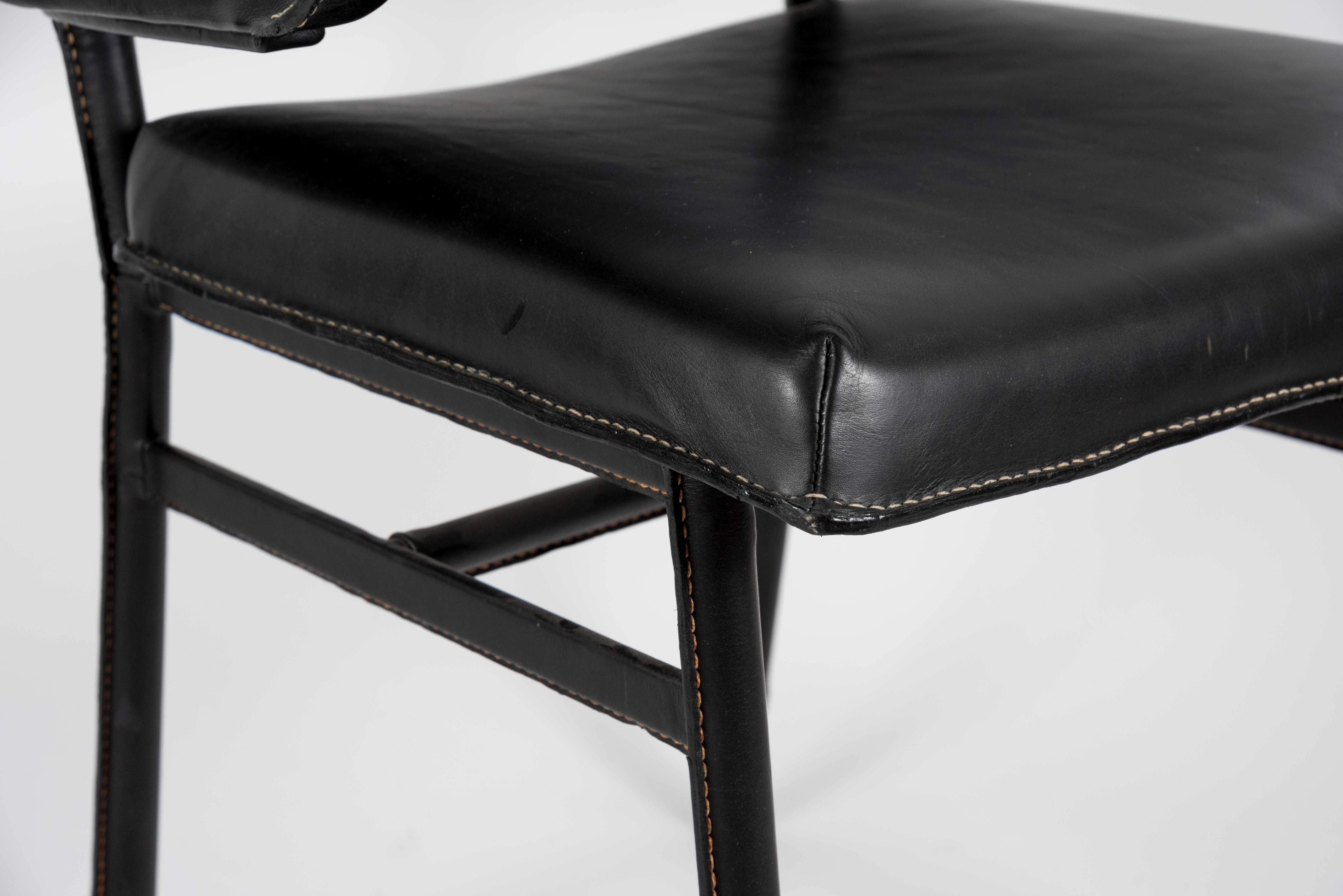 Mid-20th Century 1950's Stitched Leather Armchair by Jacques Adnet For Sale