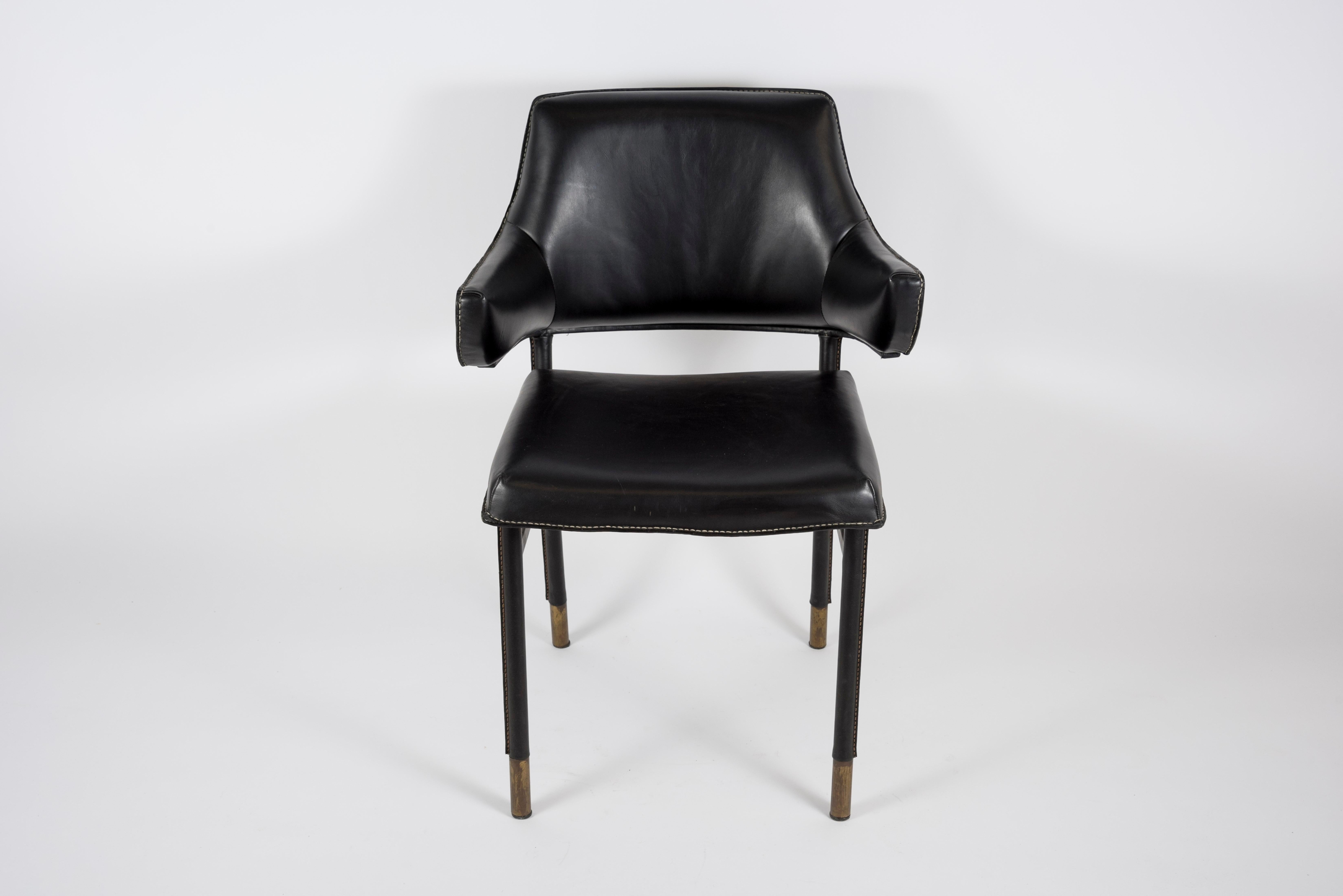 1950's Stitched Leather Armchair by Jacques Adnet For Sale 2