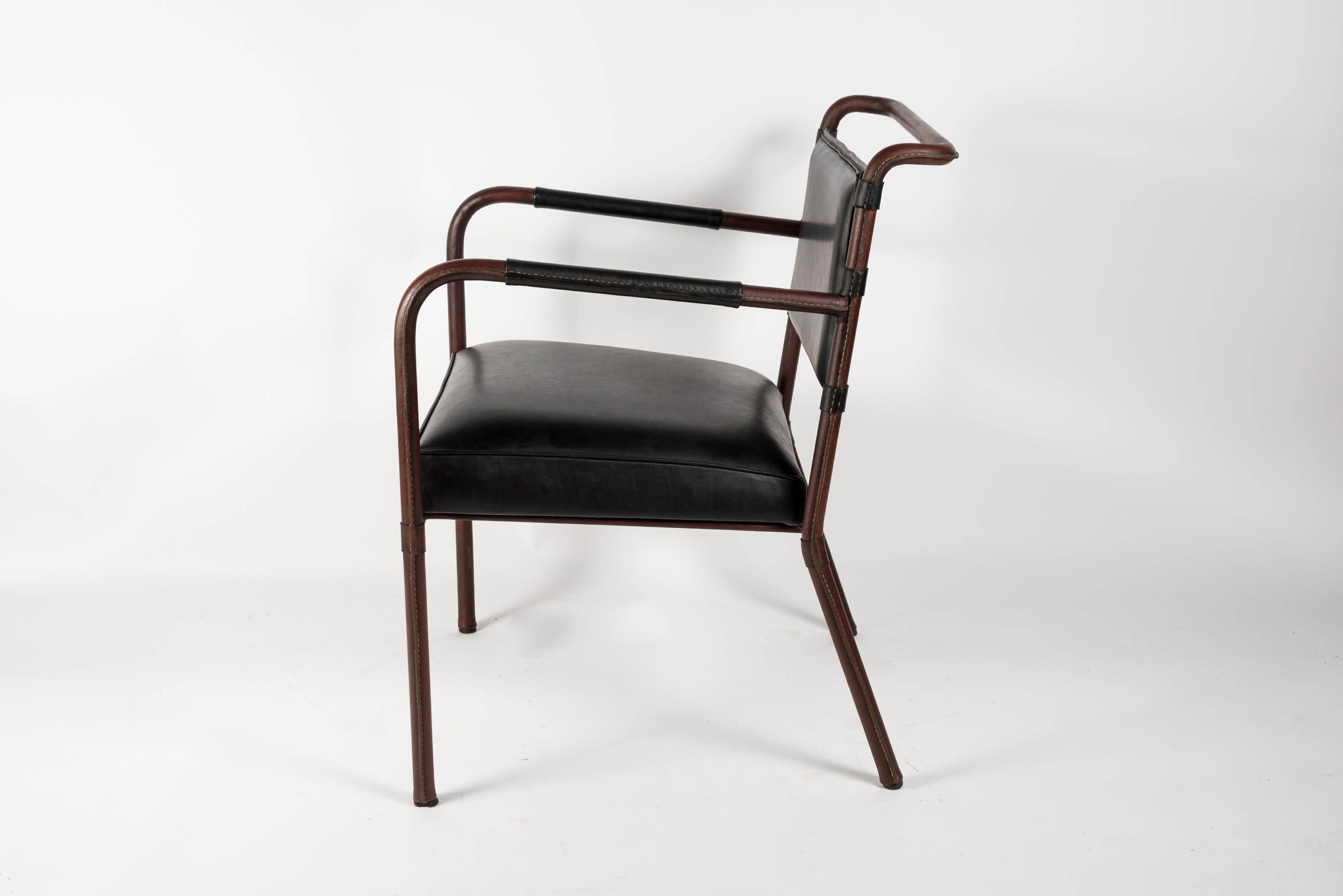 1950's Stitched Leather armchair by Jacques adnet For Sale 2