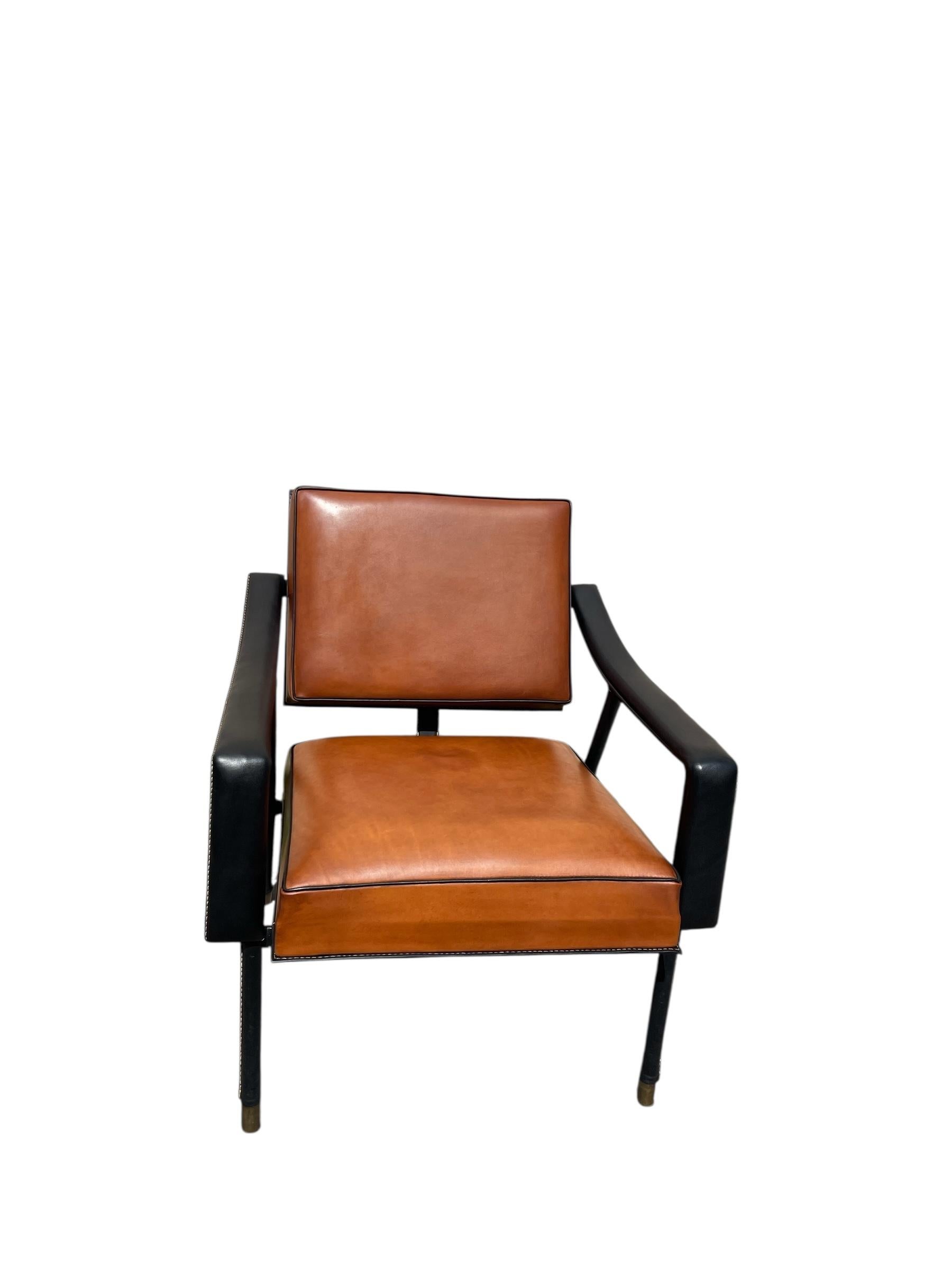 1950's Stitched leather armchair by Jacques Adnet For Sale 1