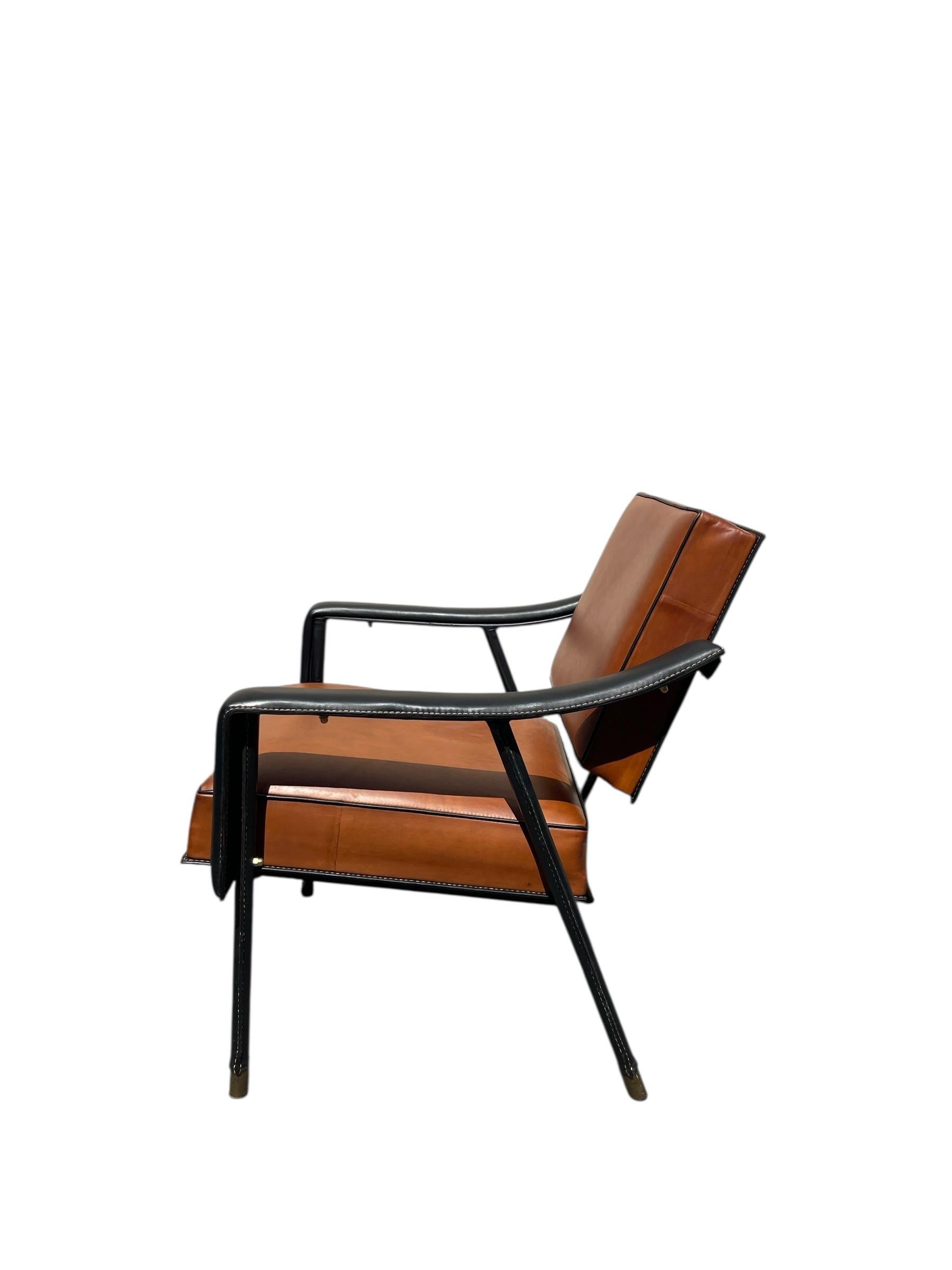 1950's Stitched leather armchair by Jacques Adnet For Sale 2