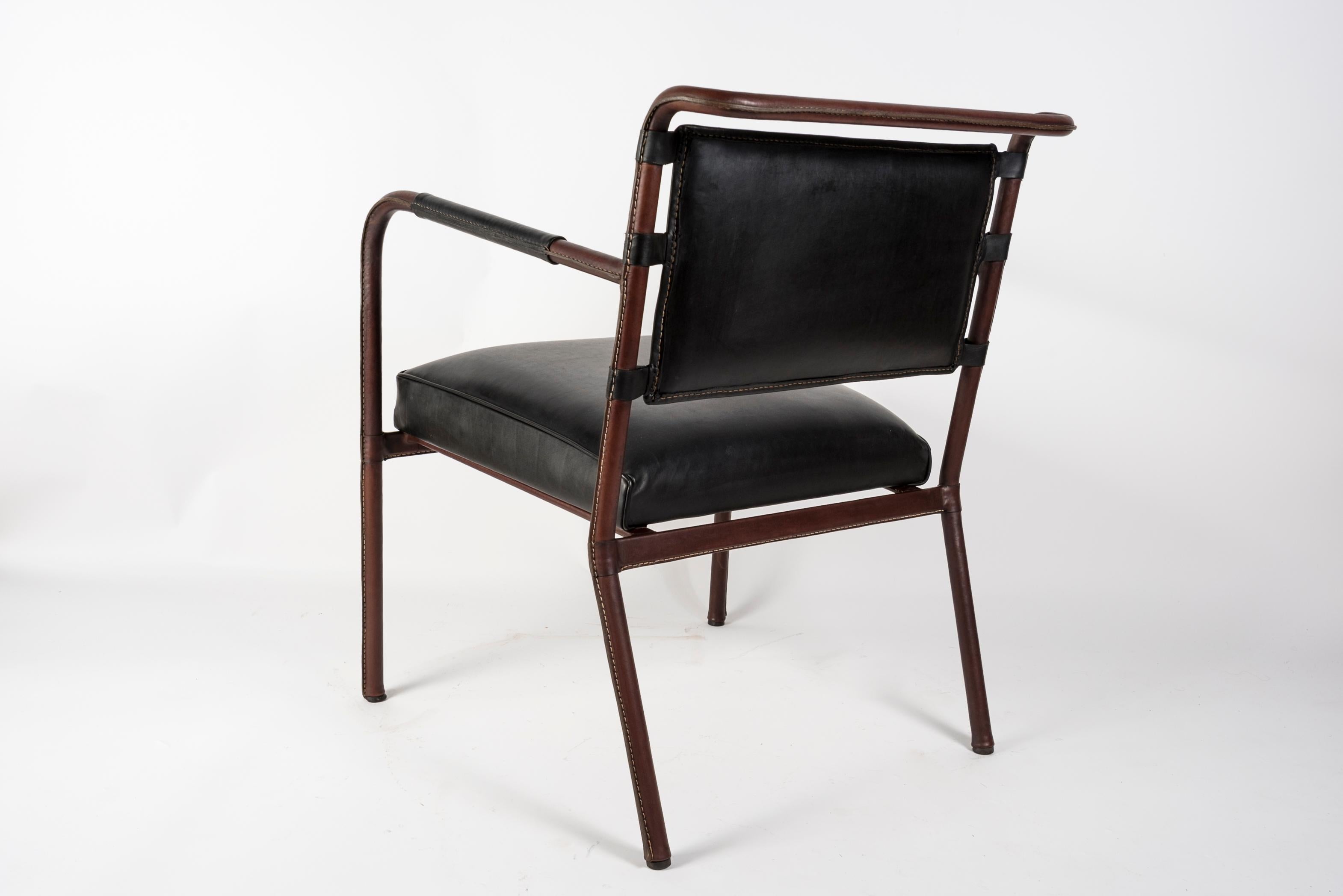 1950's Stitched Leather armchair by Jacques adnet For Sale 4