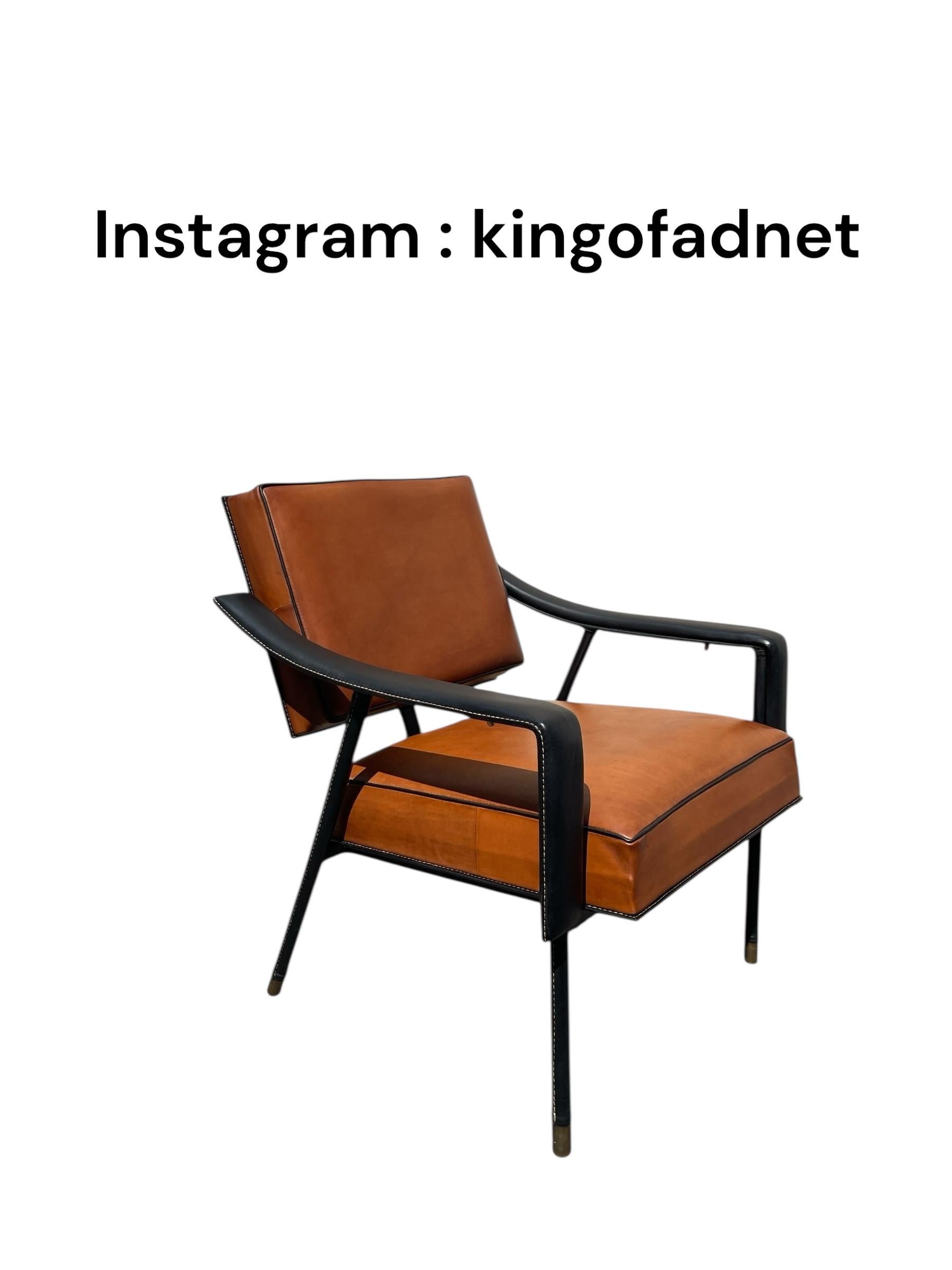 1950's Stitched leather armchair by Jacques Adnet For Sale 3