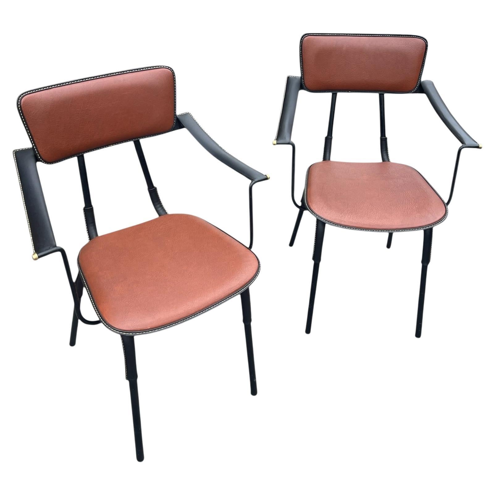 Fauteuils en cuir Stitch des années 50 par Jacques Adnet