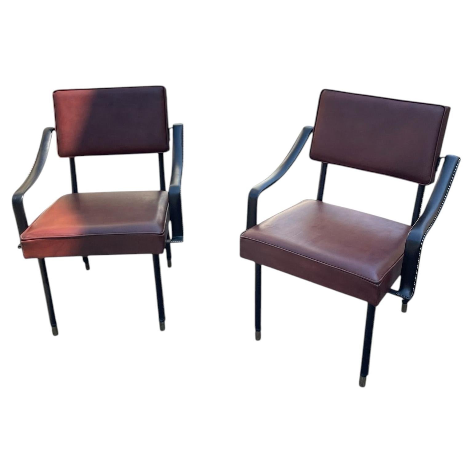 Fauteuils en cuir Stitch des années 50 par Jacques Adnet