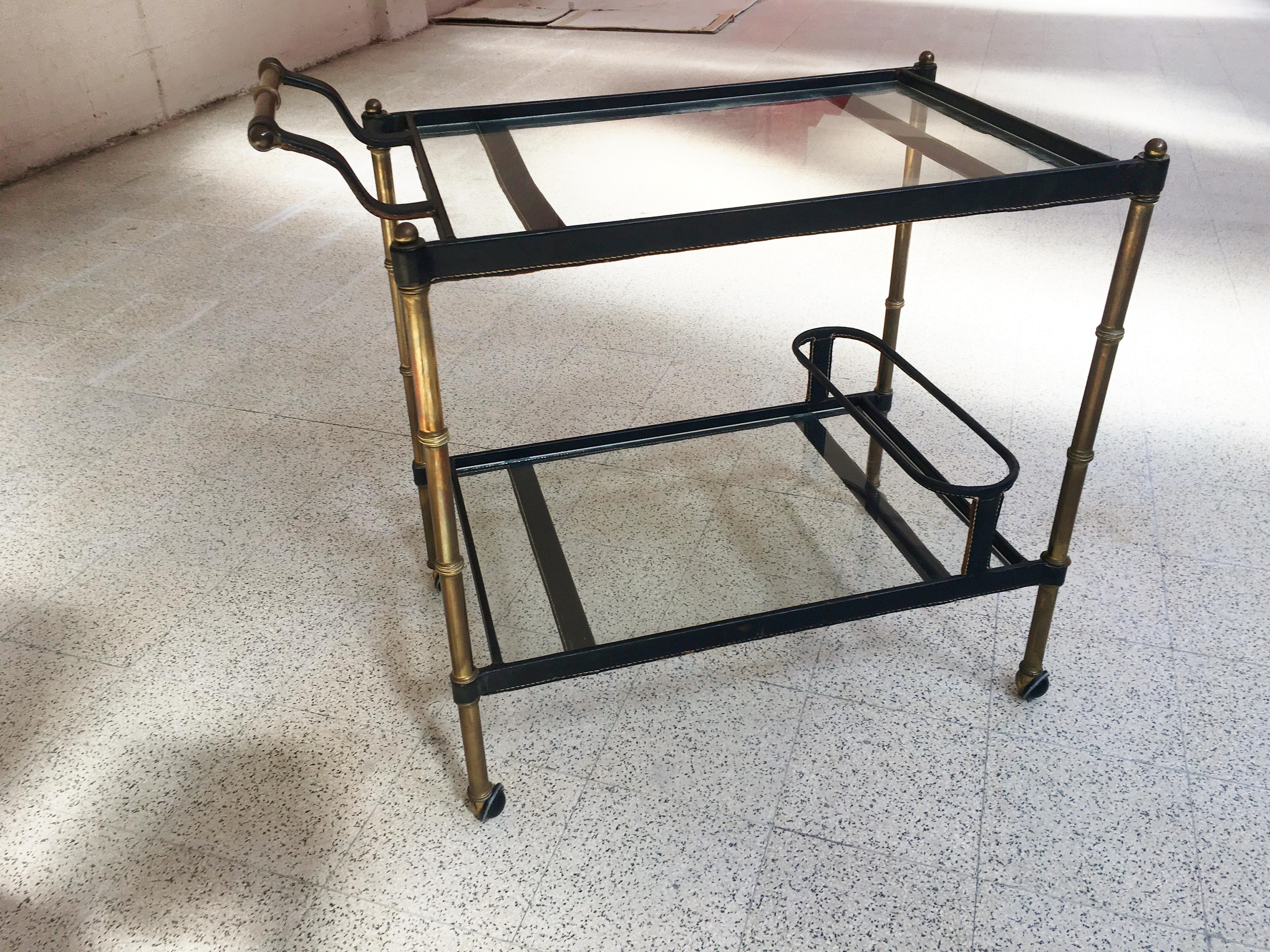 1950s Stitched Leather Bar Cart by Jacques Adnet 3