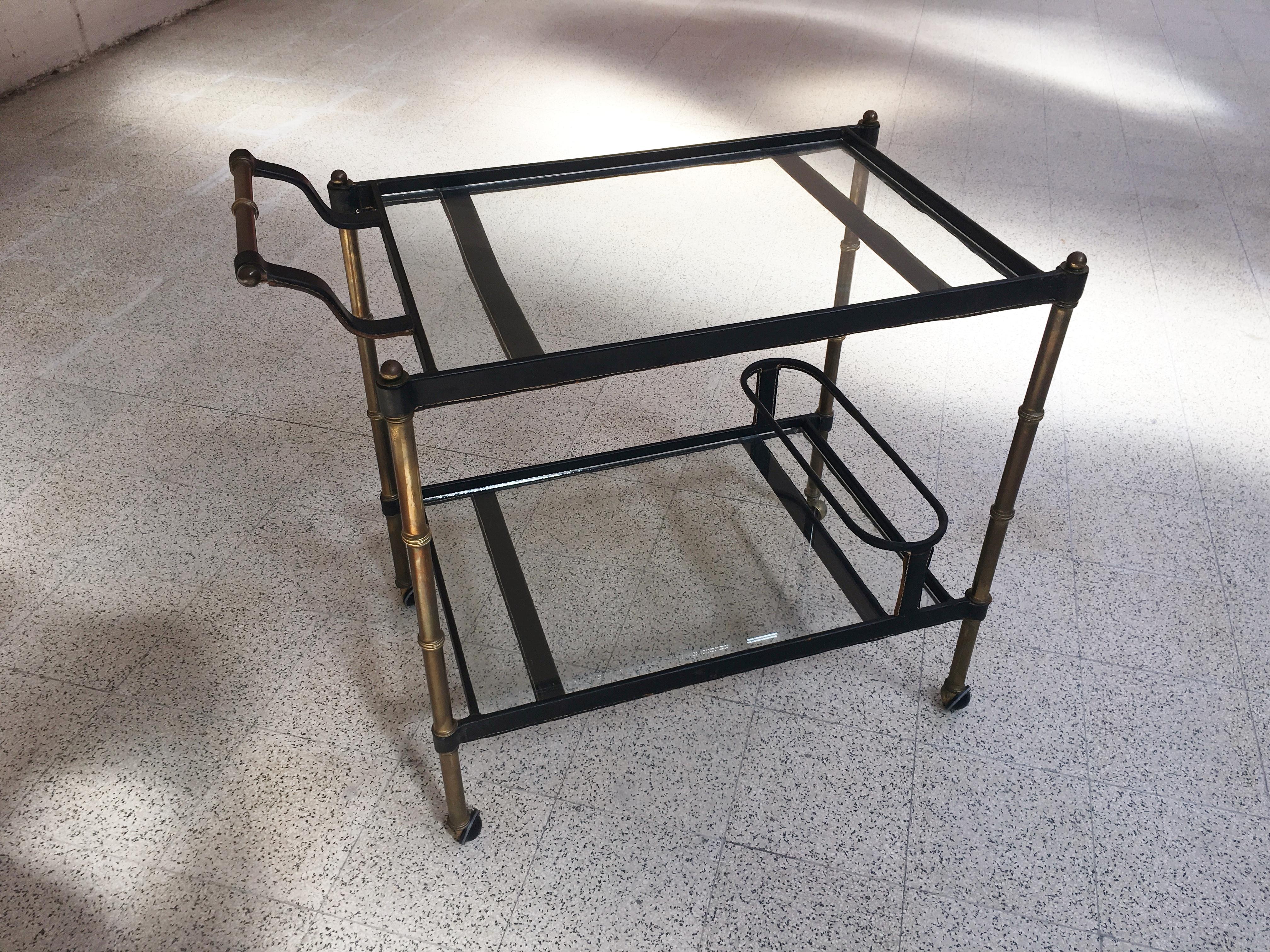 1950s stitched leather bar cart by Jacques Adnet.