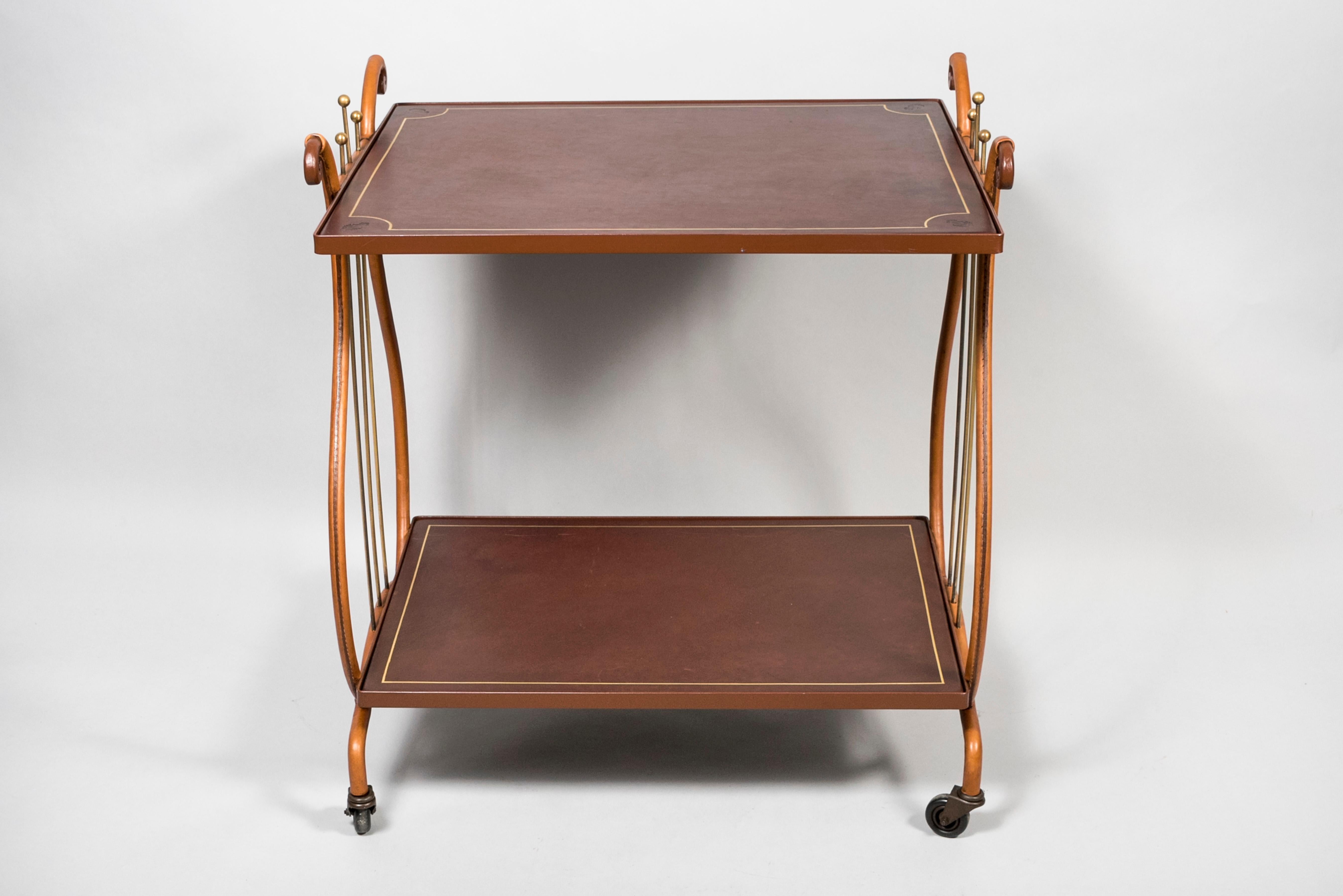 European 1950's Stitched Leather Bar Cart by Jacques Adnet For Sale