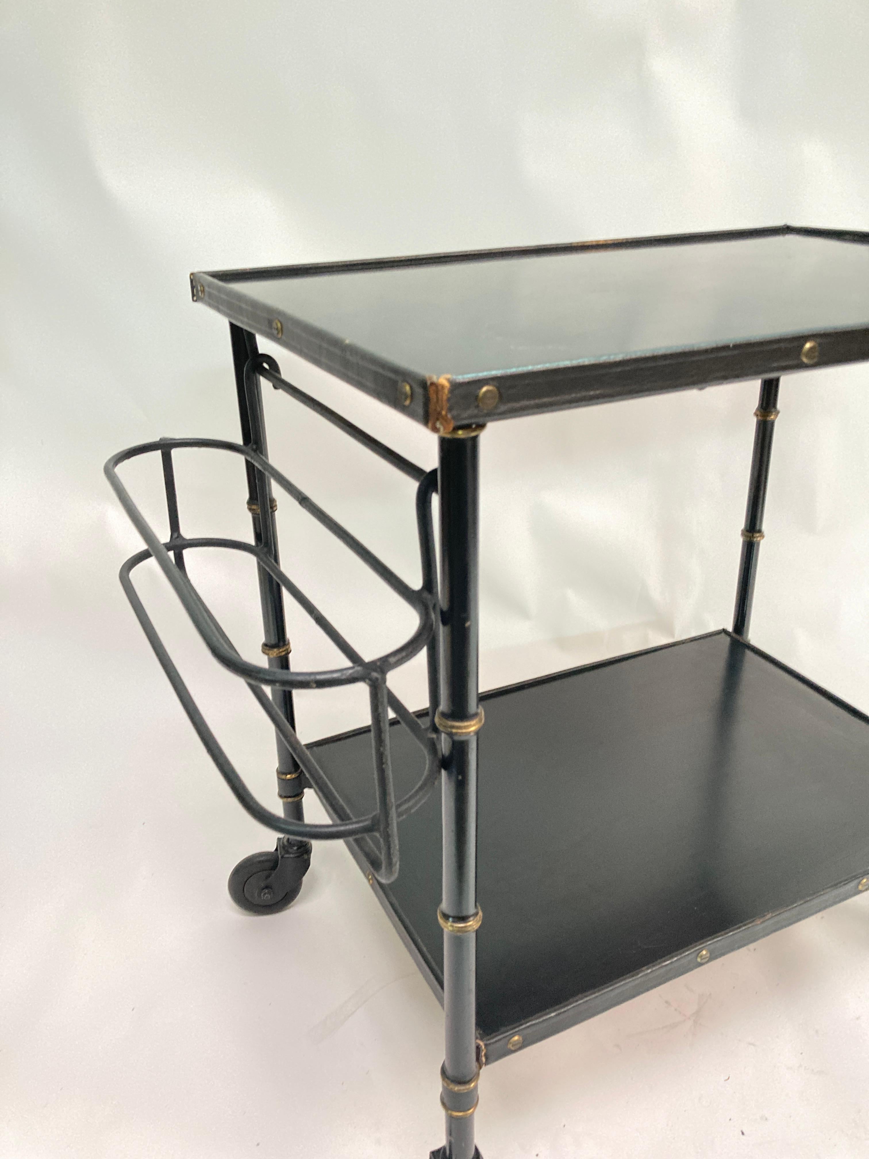 European 1950's Stitched leather bar cart by Jacques Adnet For Sale