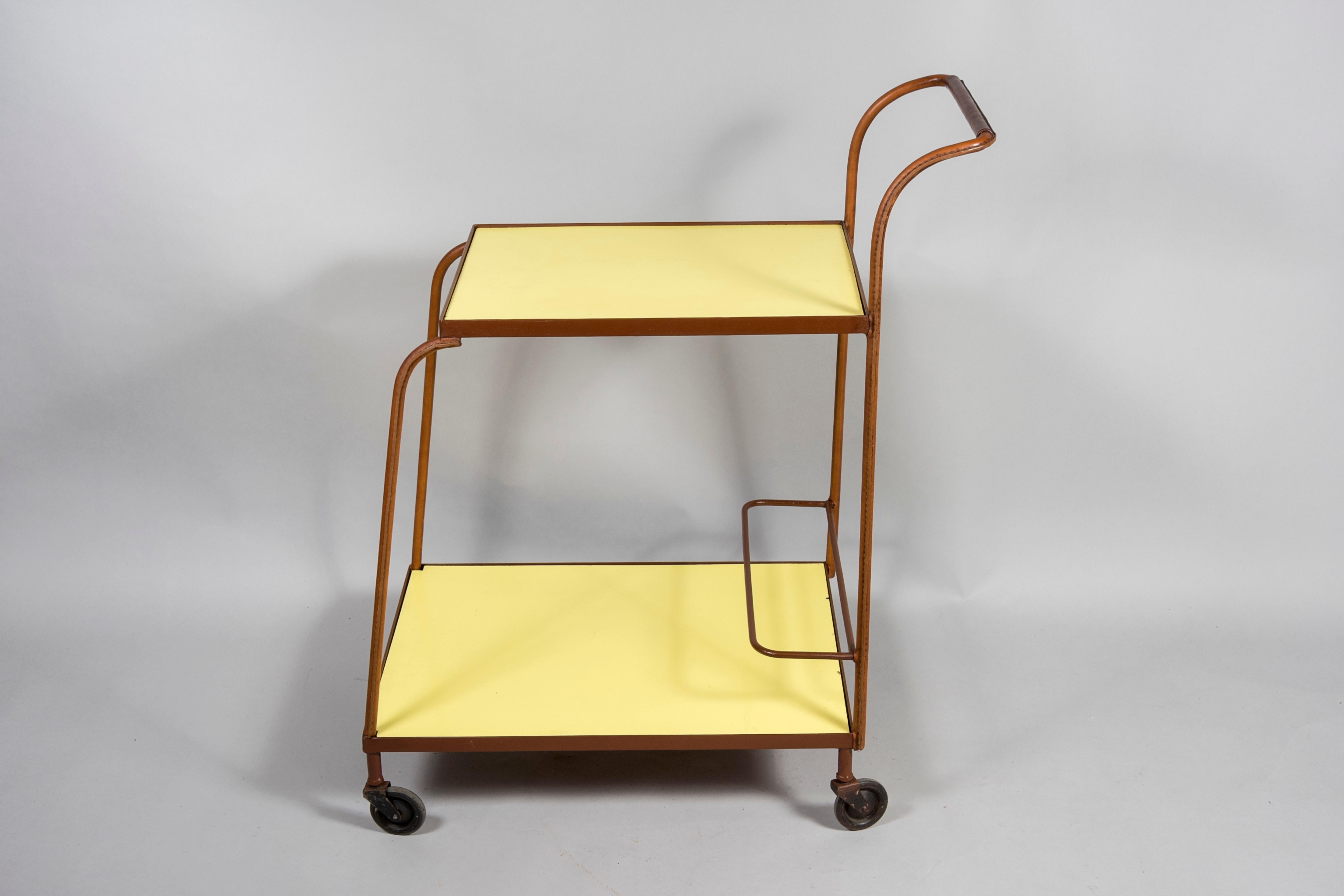 Mid-20th Century 1950's Stitched Leather Bar Cart by Jacques Adnet For Sale