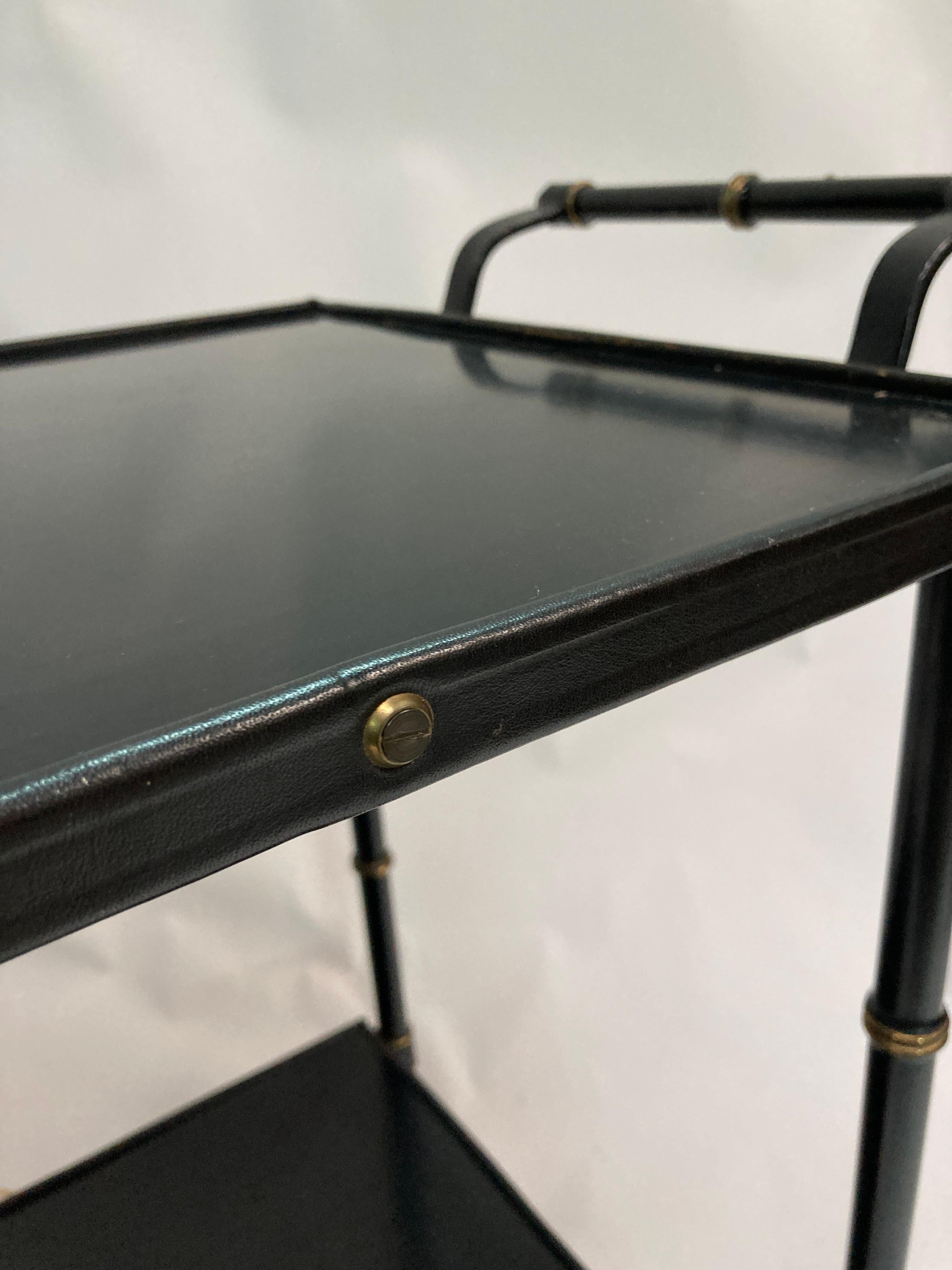 Mid-20th Century 1950's Stitched leather bar cart by Jacques Adnet For Sale