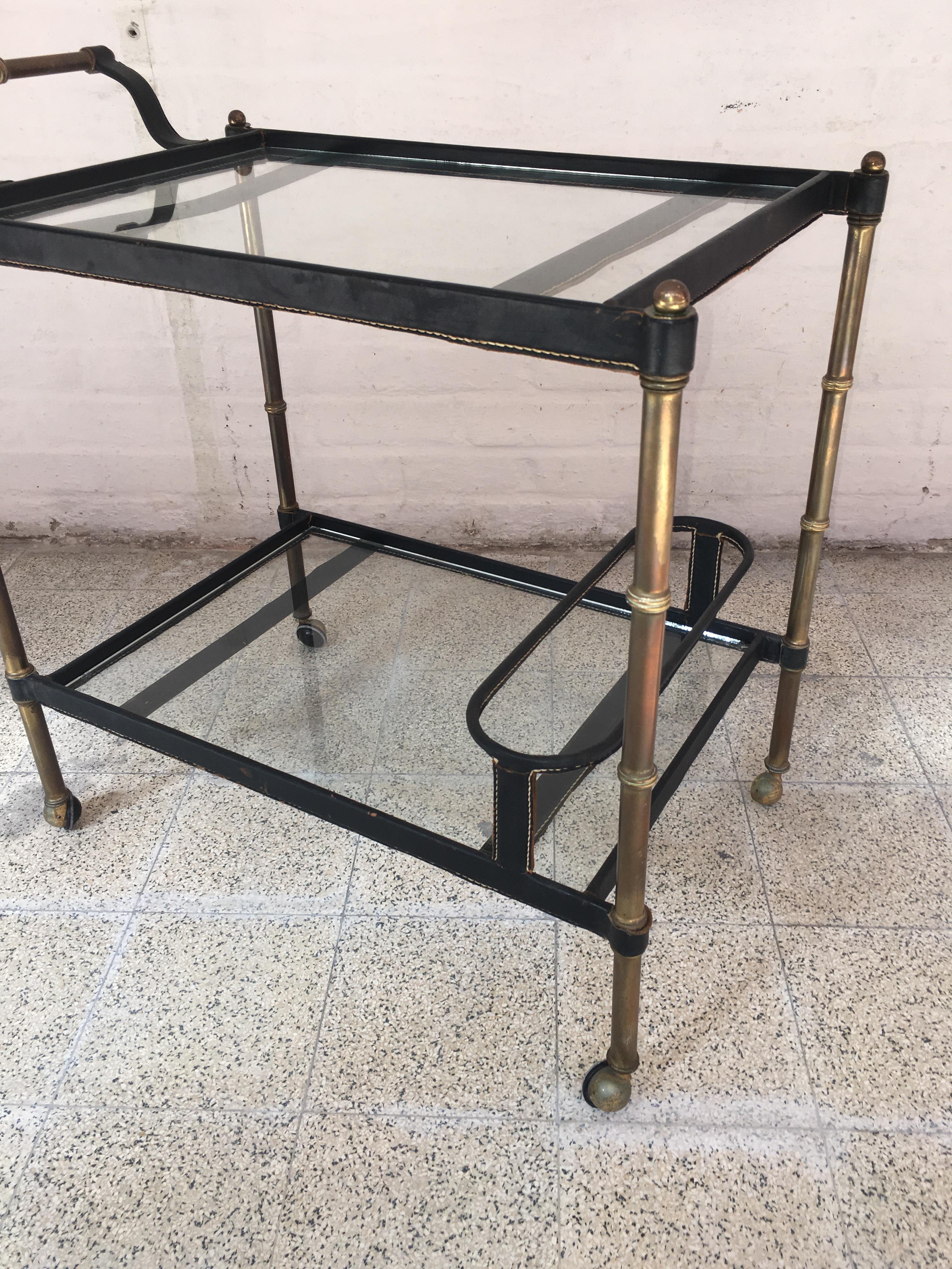 Mid-20th Century 1950s Stitched Leather Bar Cart by Jacques Adnet