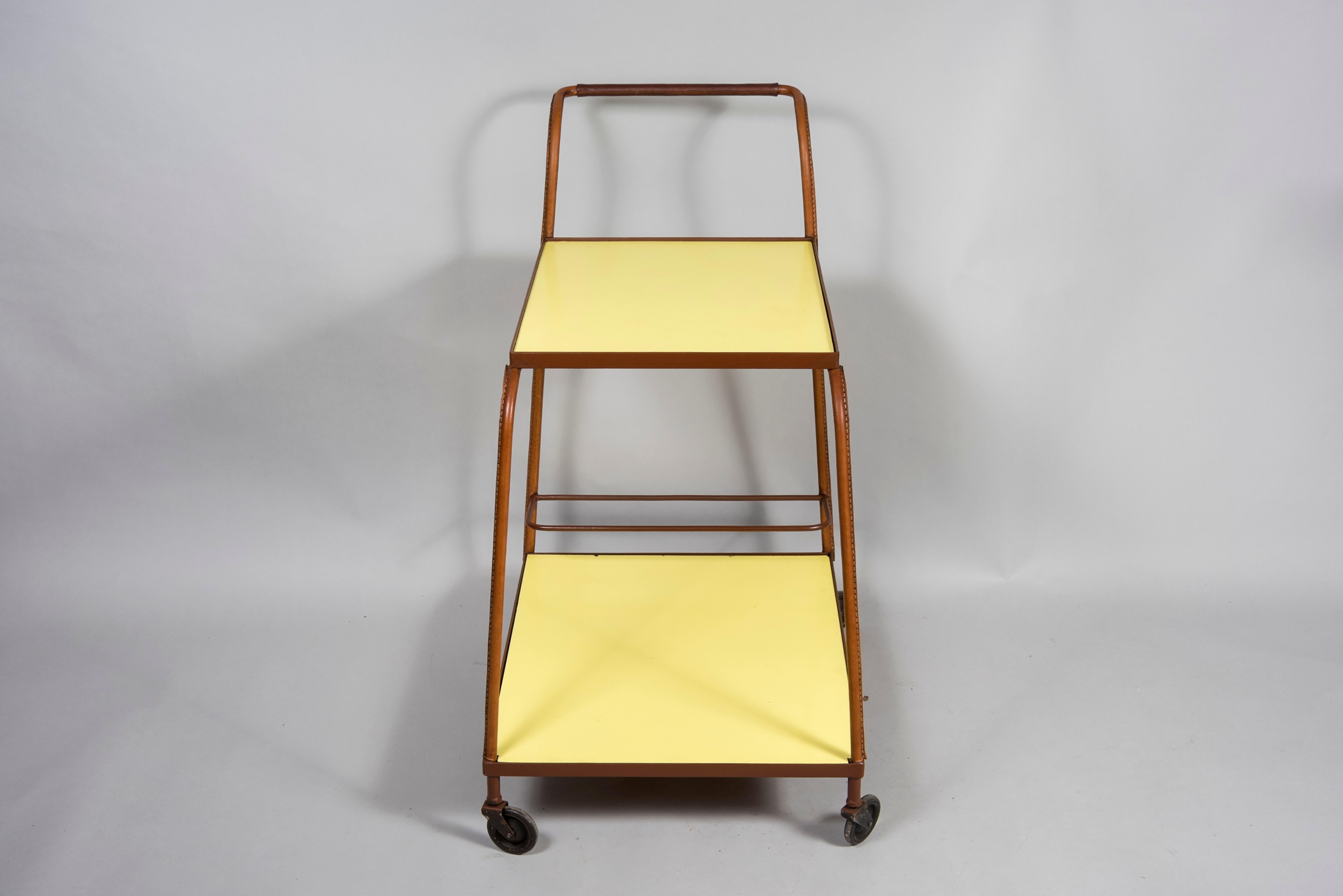 Metal 1950's Stitched Leather Bar Cart by Jacques Adnet For Sale