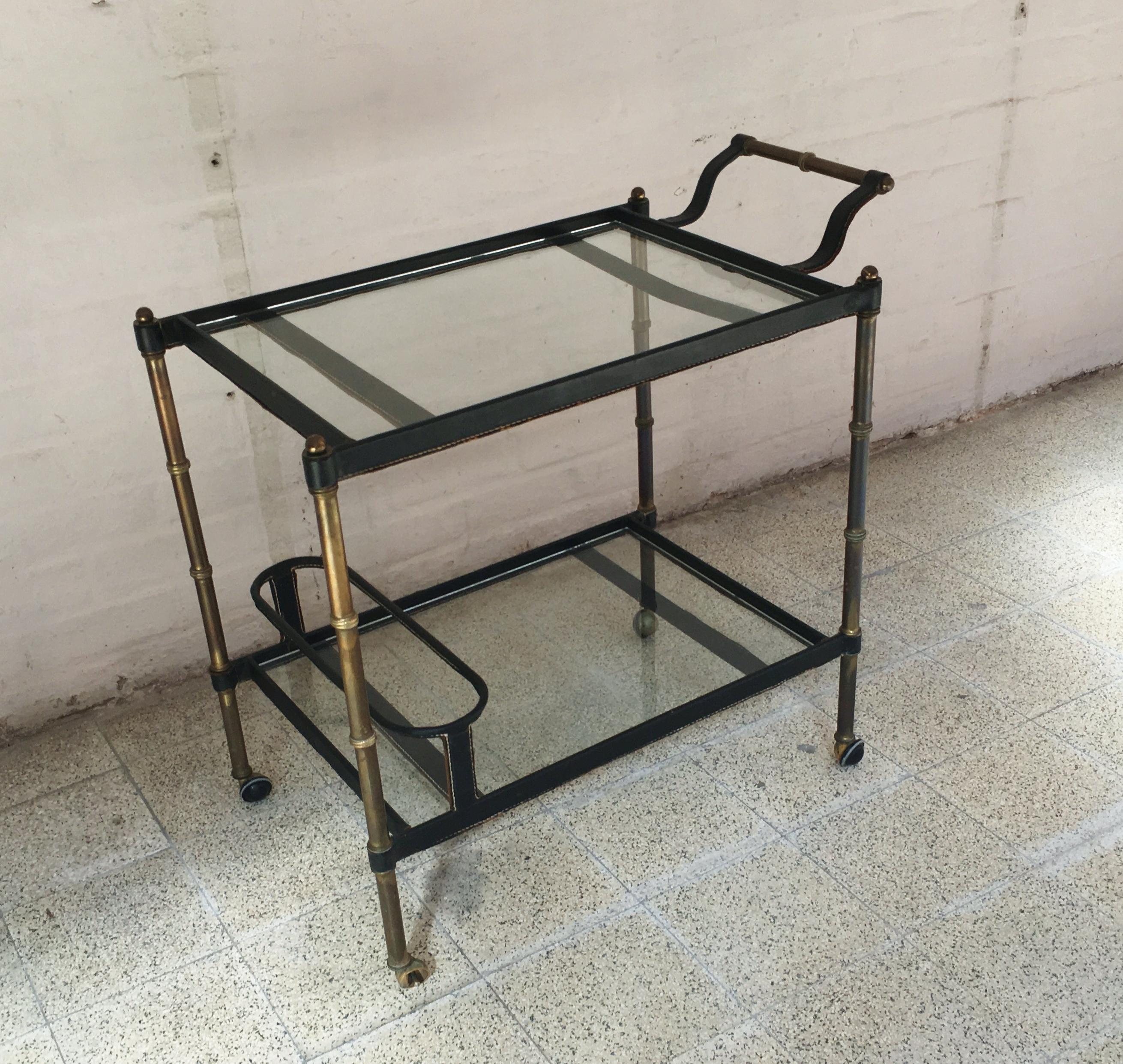 Brass 1950s Stitched Leather Bar Cart by Jacques Adnet