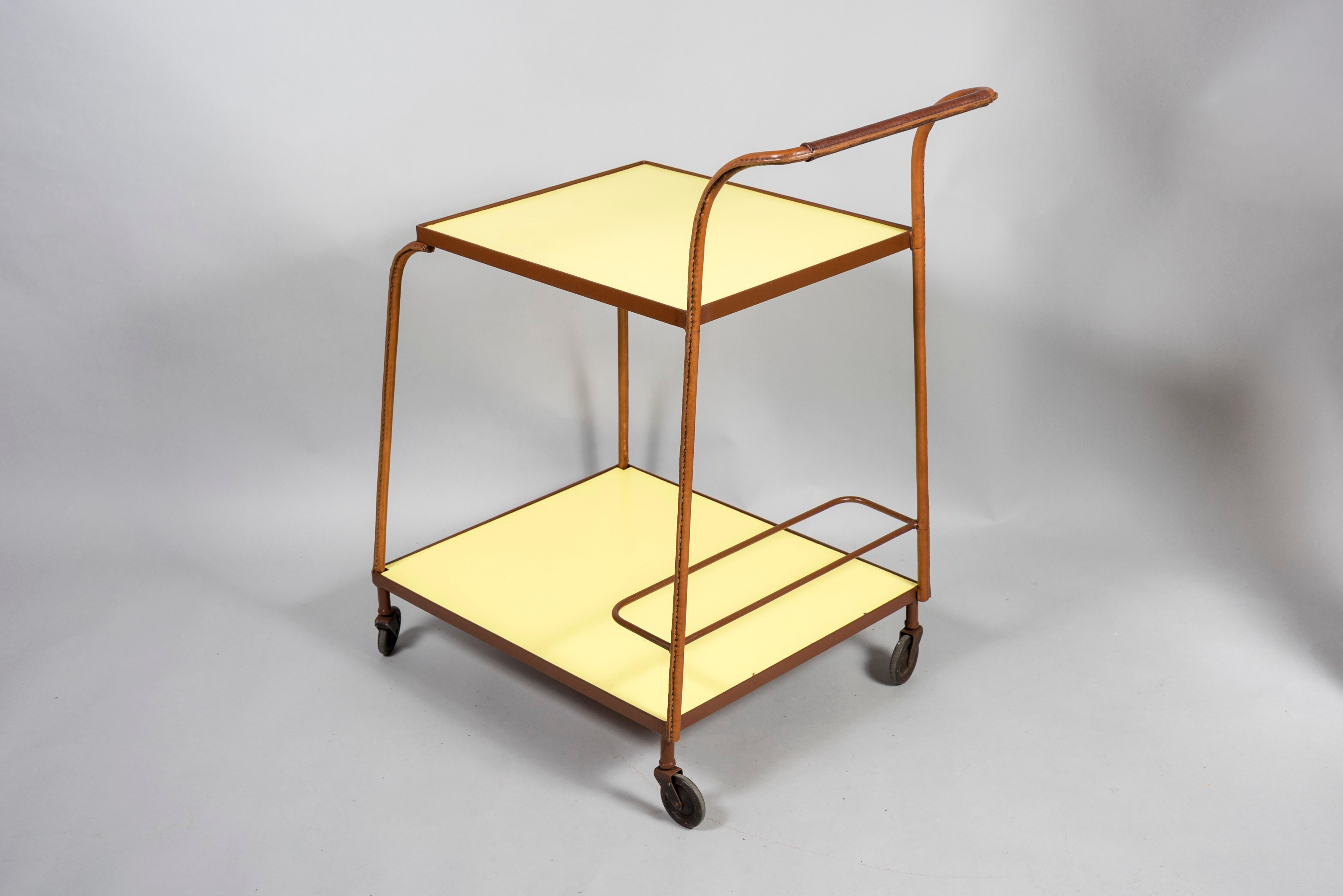 1950's Stitched Leather Bar Cart by Jacques Adnet For Sale 1