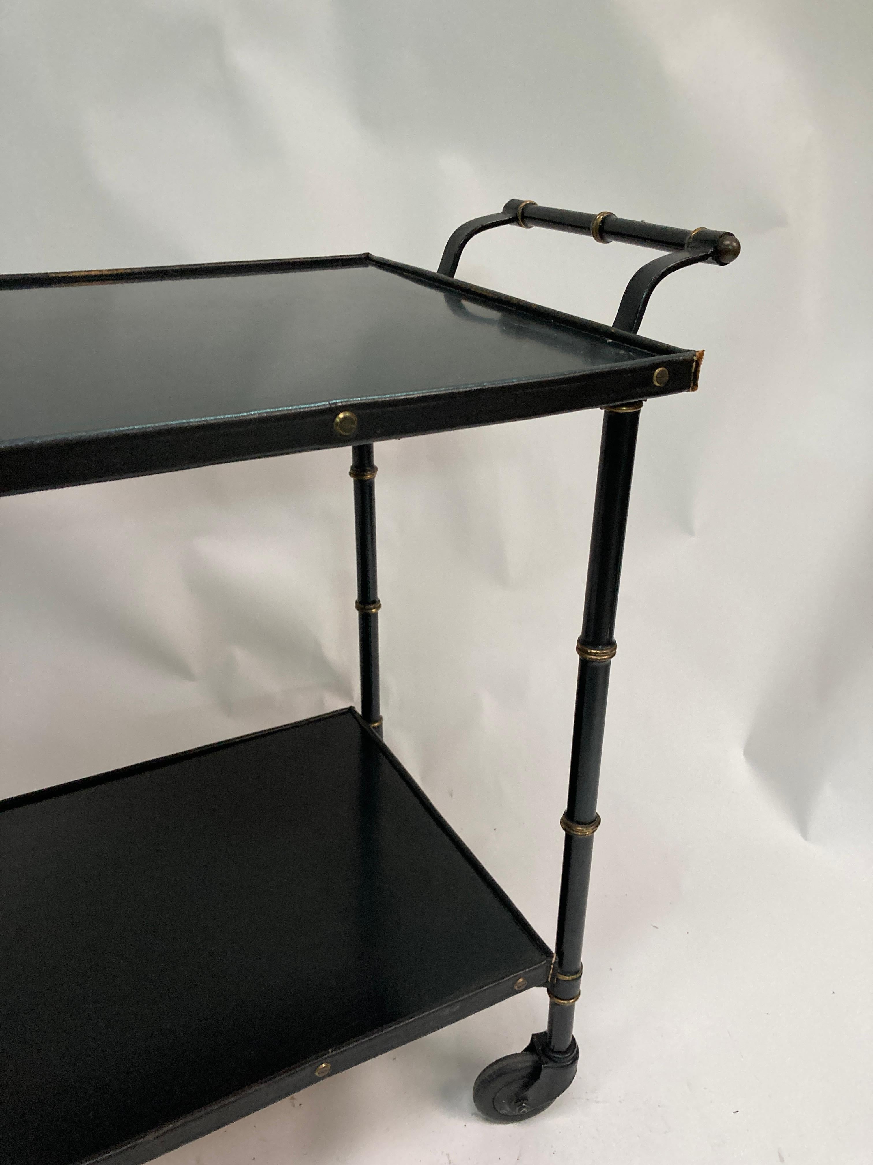 1950's Stitched leather bar cart by Jacques Adnet For Sale 1