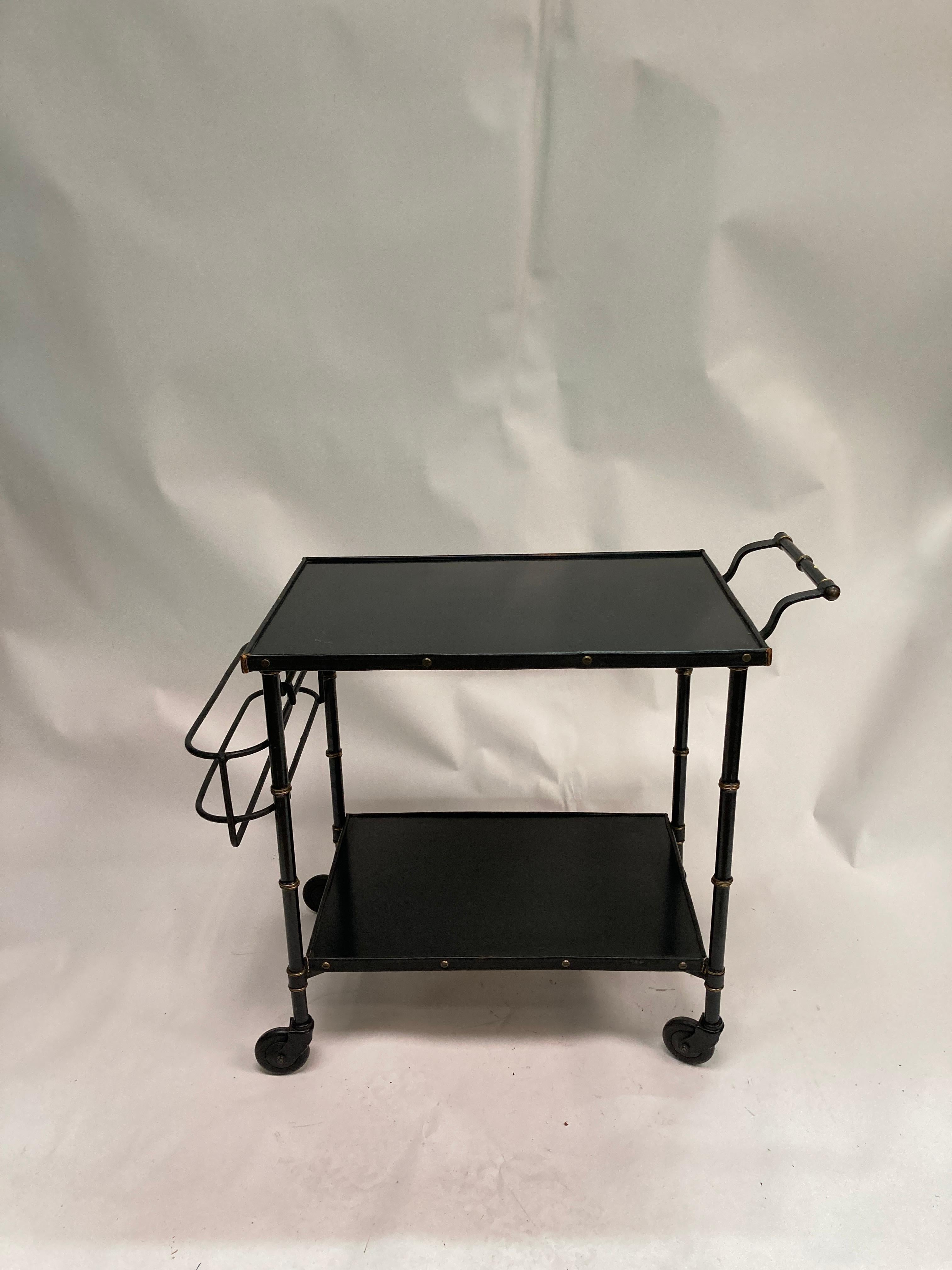 1950's Stitched leather bar cart by Jacques Adnet For Sale 2