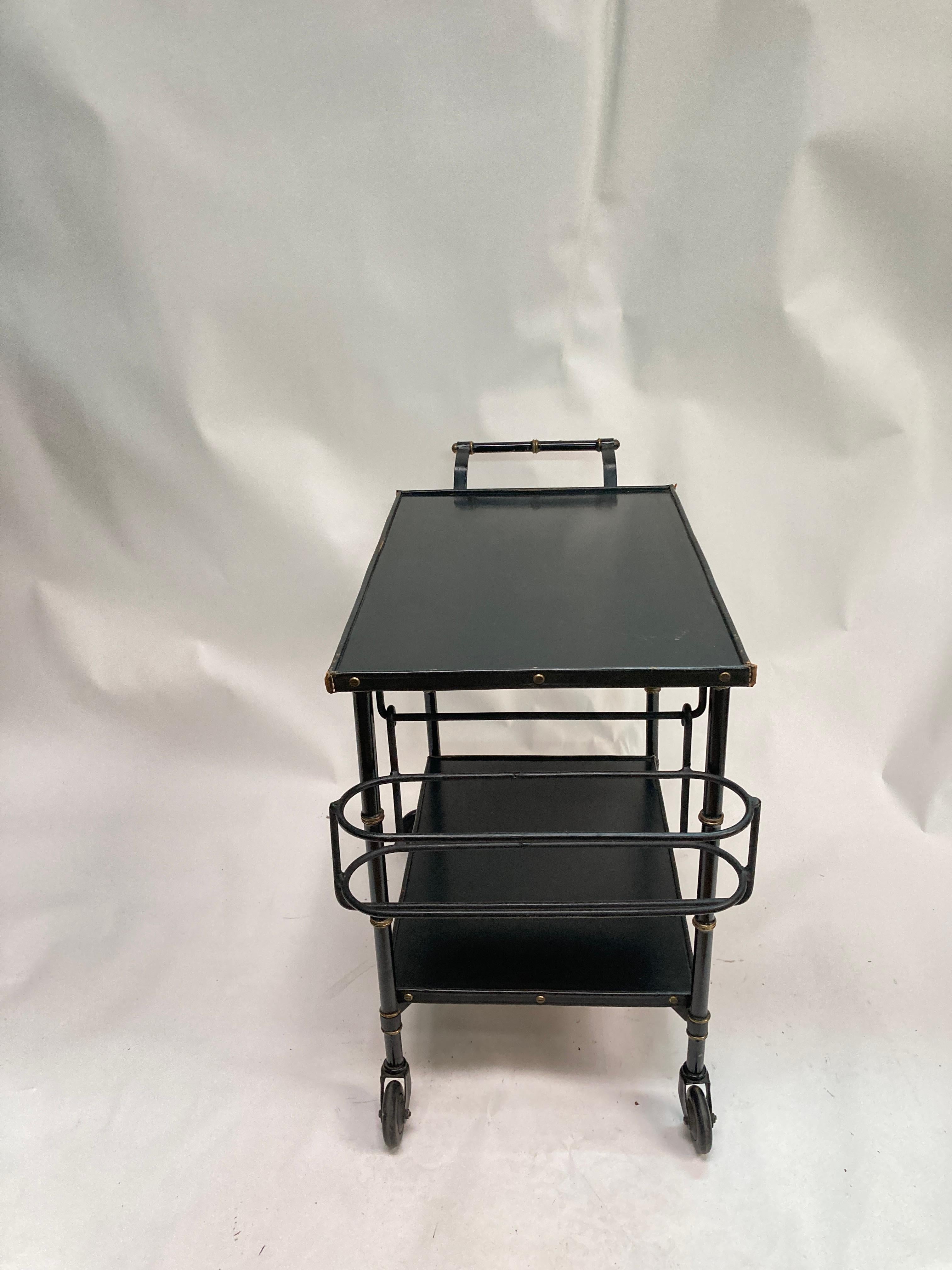 1950's Stitched leather bar cart by Jacques Adnet For Sale 3