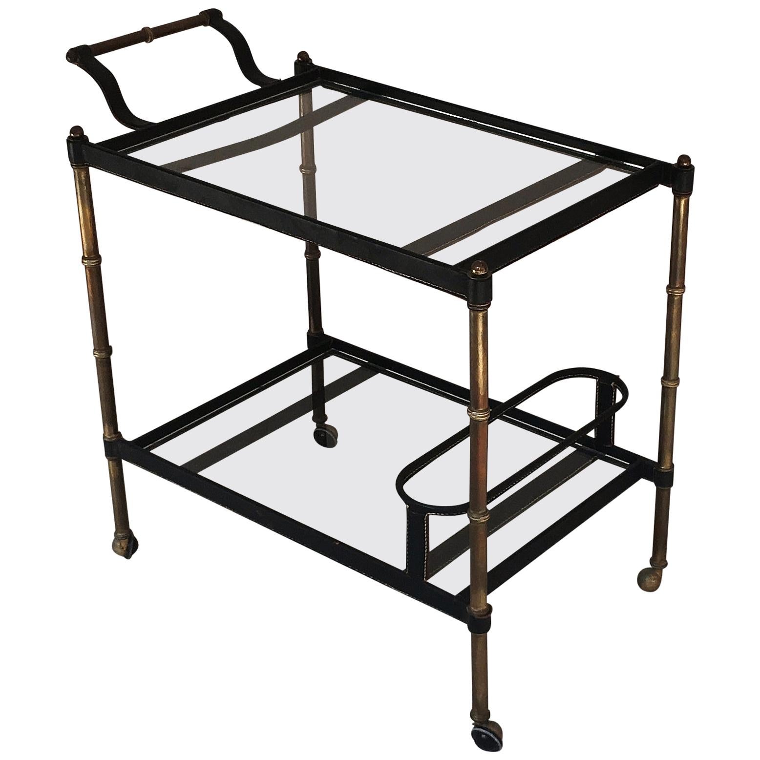 1950s Stitched Leather Bar Cart by Jacques Adnet