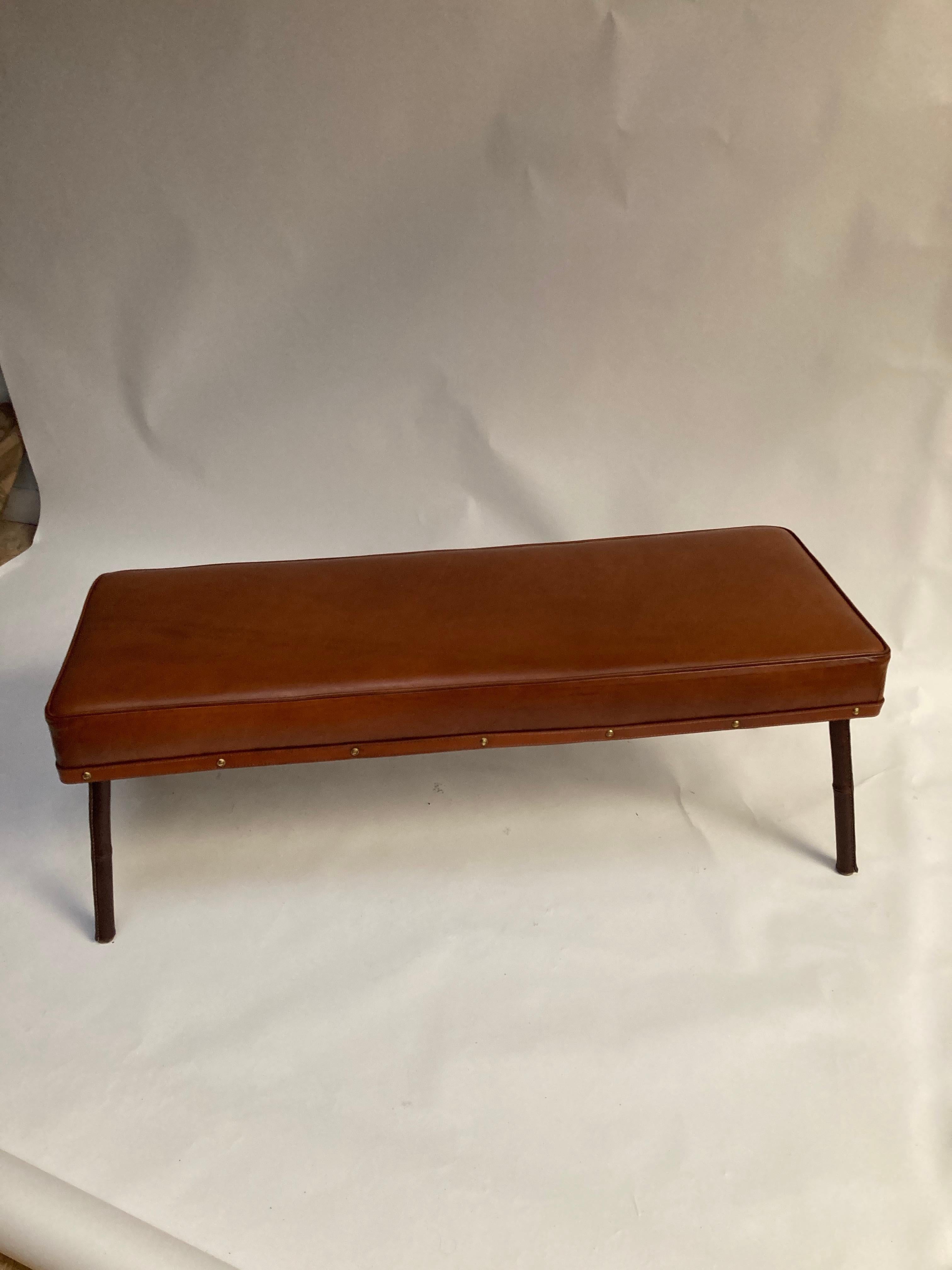Metal 1950's Stitched Leather Bench by Jacques Adnet For Sale