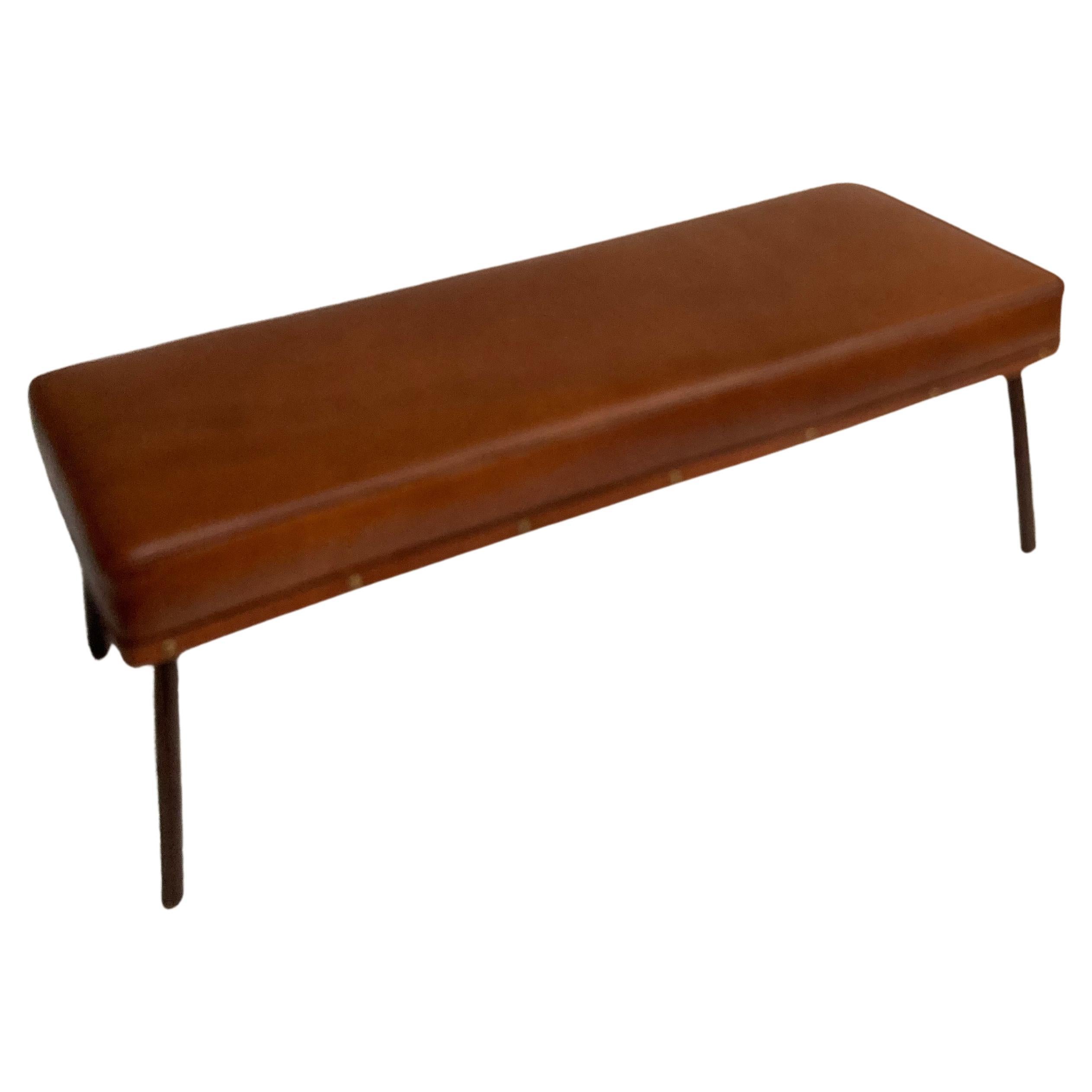 1950's Stitched Leather Bench by Jacques Adnet For Sale