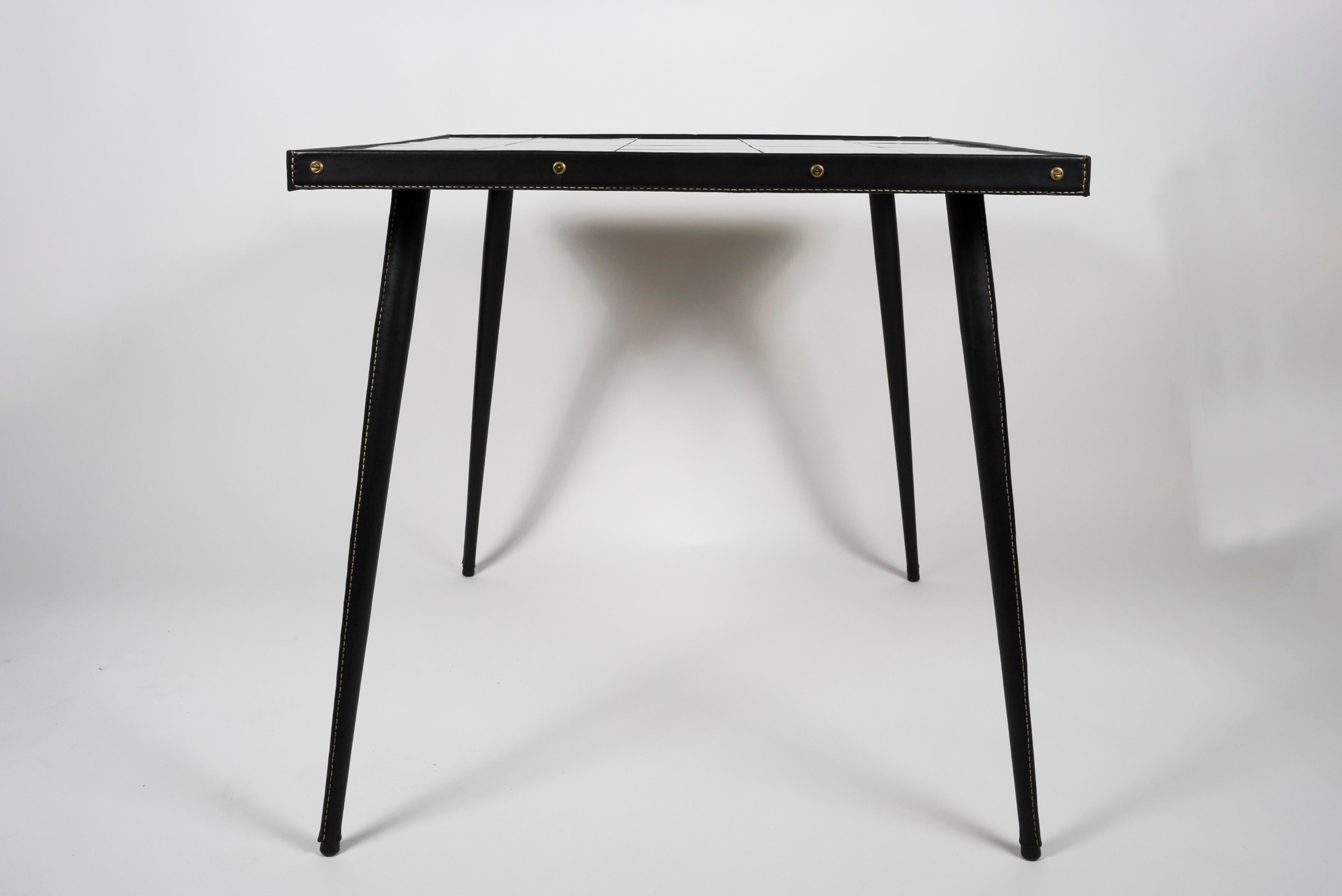 Metal 1950s Stitched Leather Center Table by Jacques Adnet For Sale