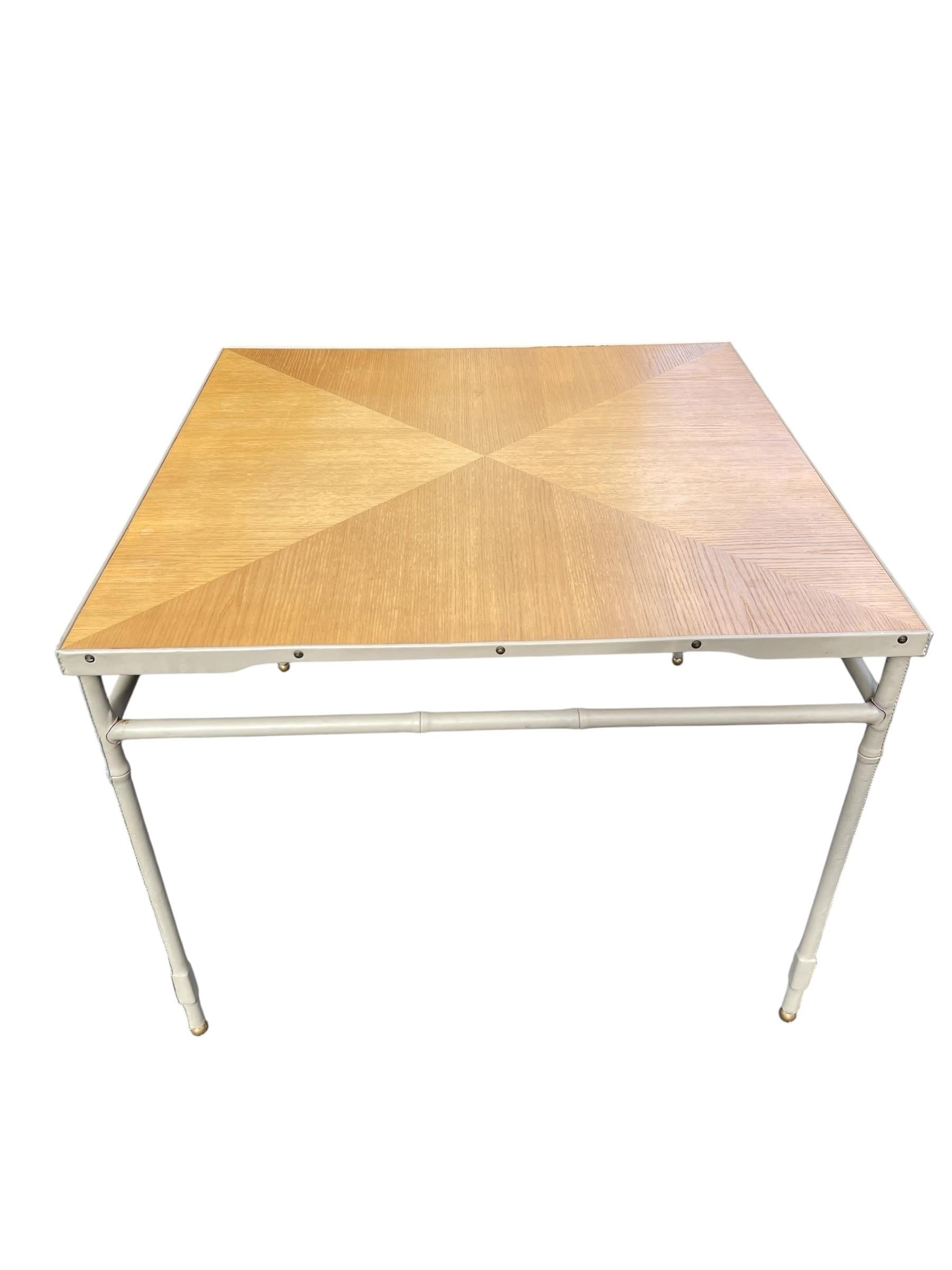 Leather 1950's Stitched leather center table or game table by Jacques Adnet For Sale