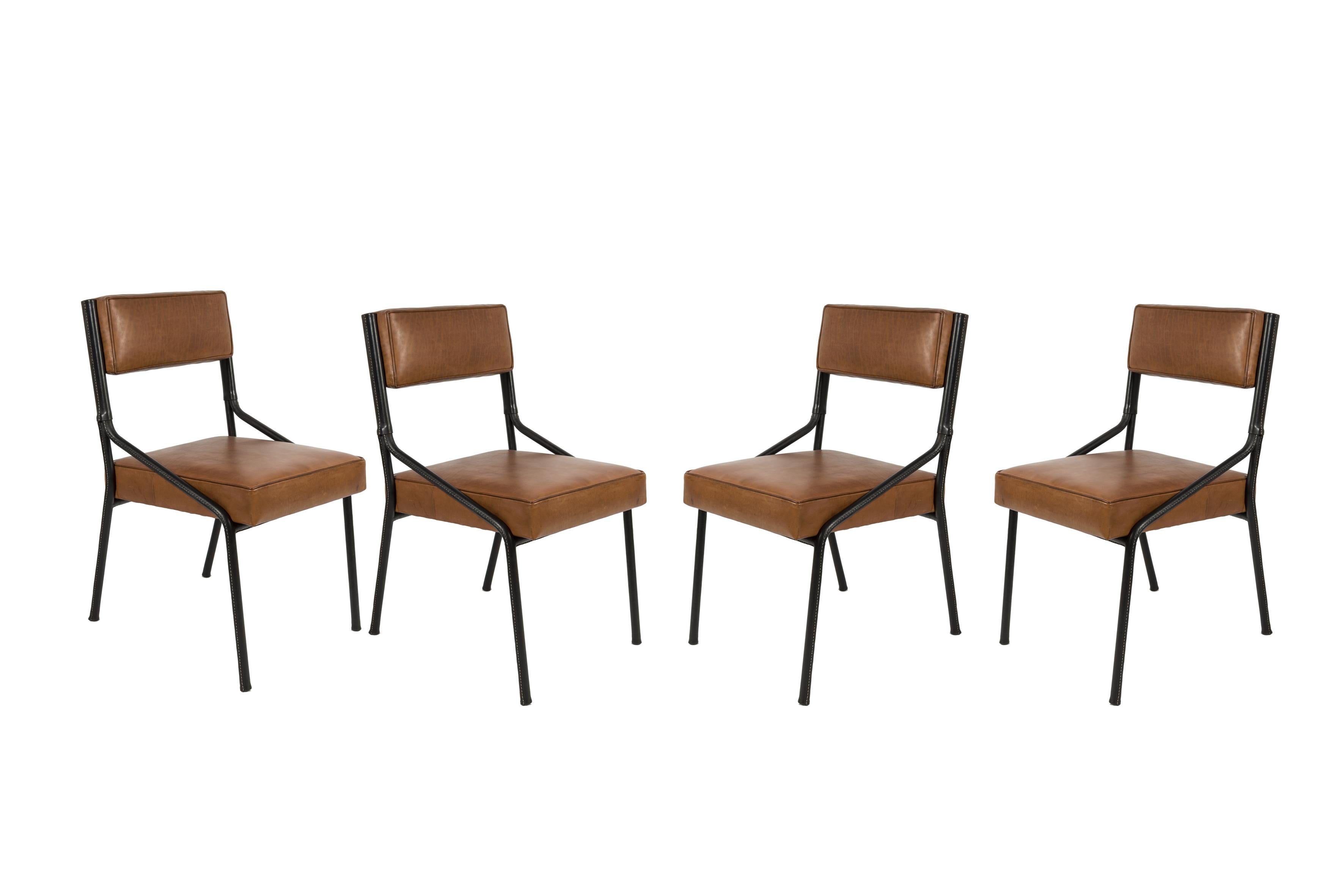 1950's Stitched Leather Chairs by Jacques Adnet 3