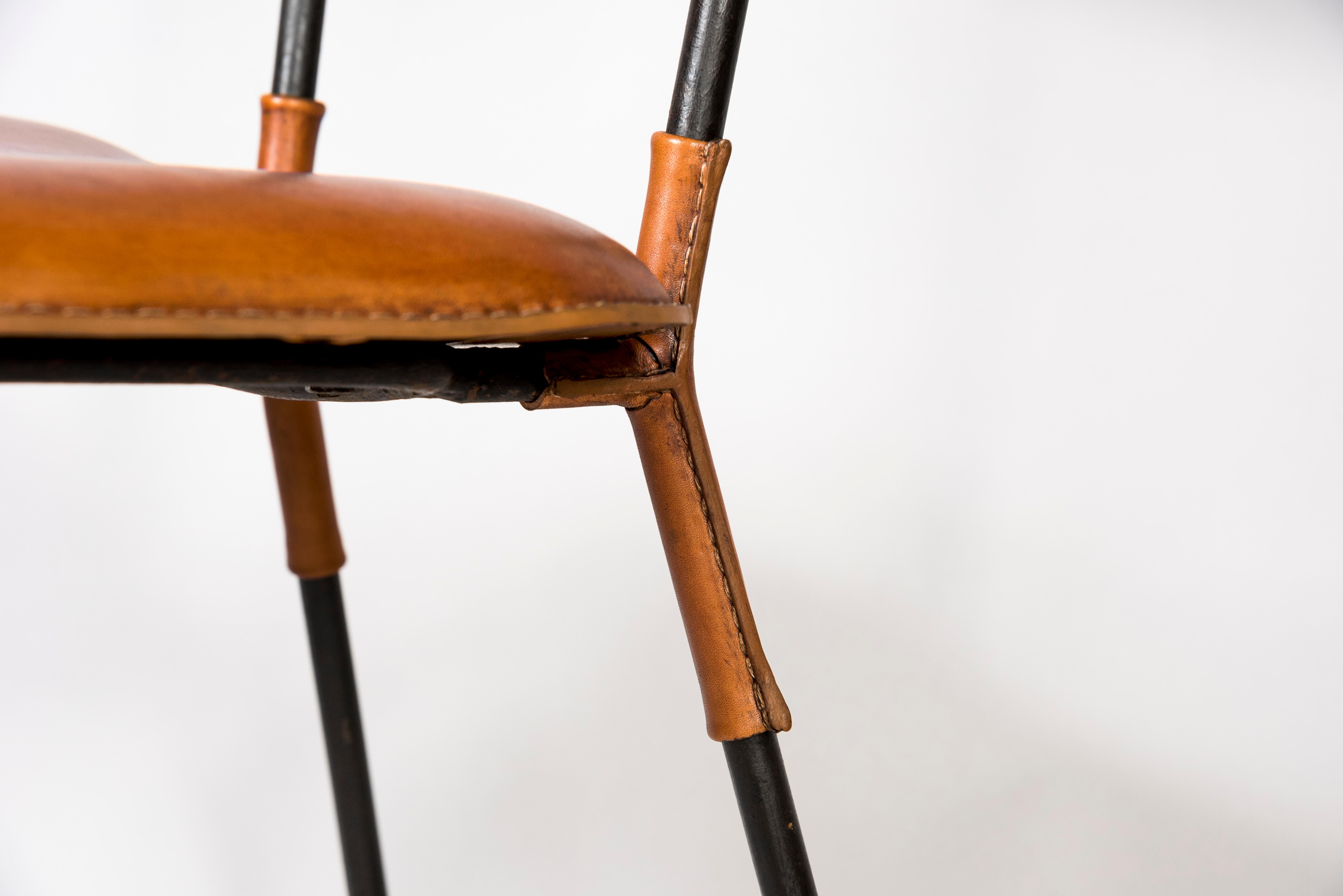 French 1950's Stitched Leather Chairs by Jacques Adnet For Sale