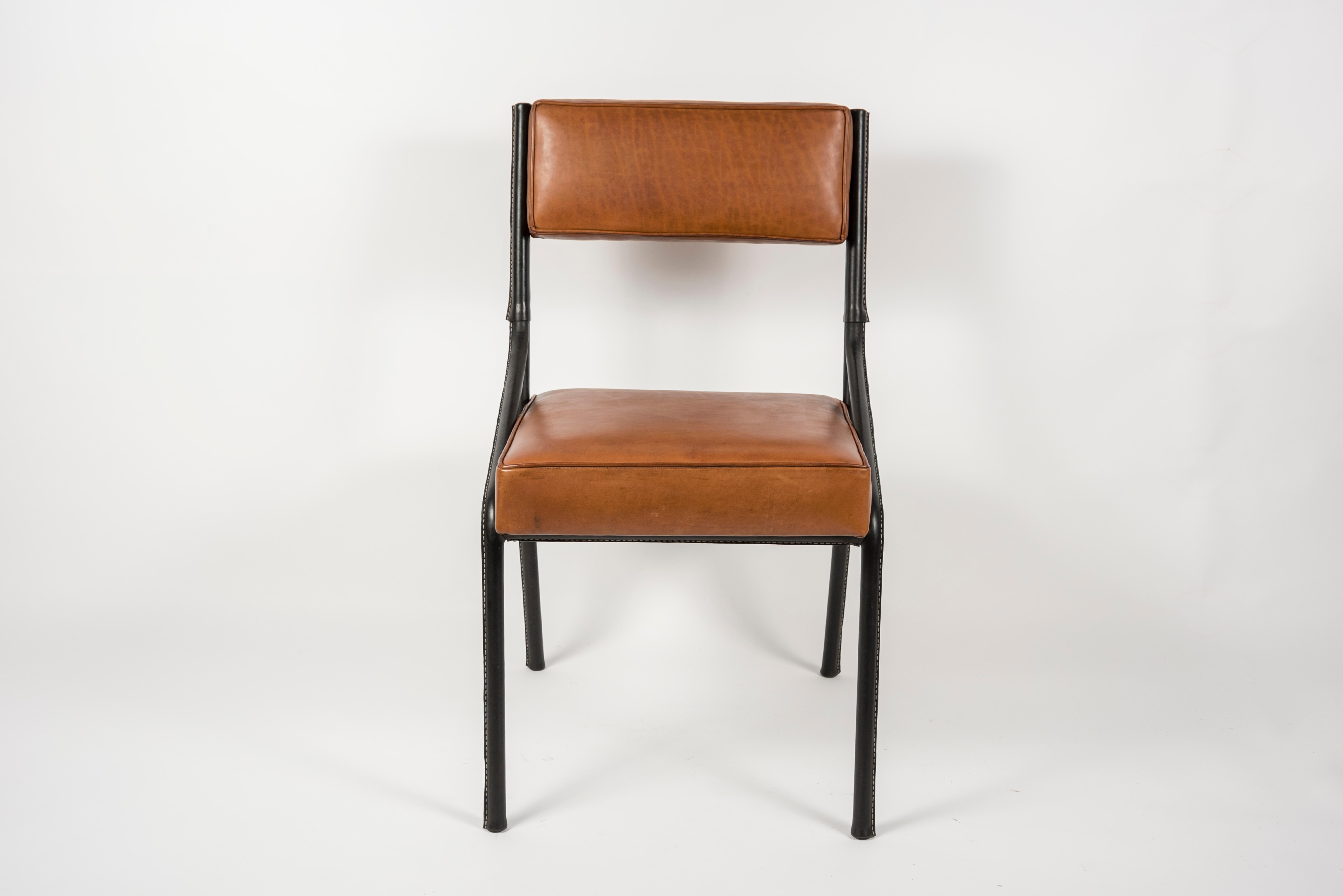 Mid-20th Century 1950's Stitched Leather Chairs by Jacques Adnet