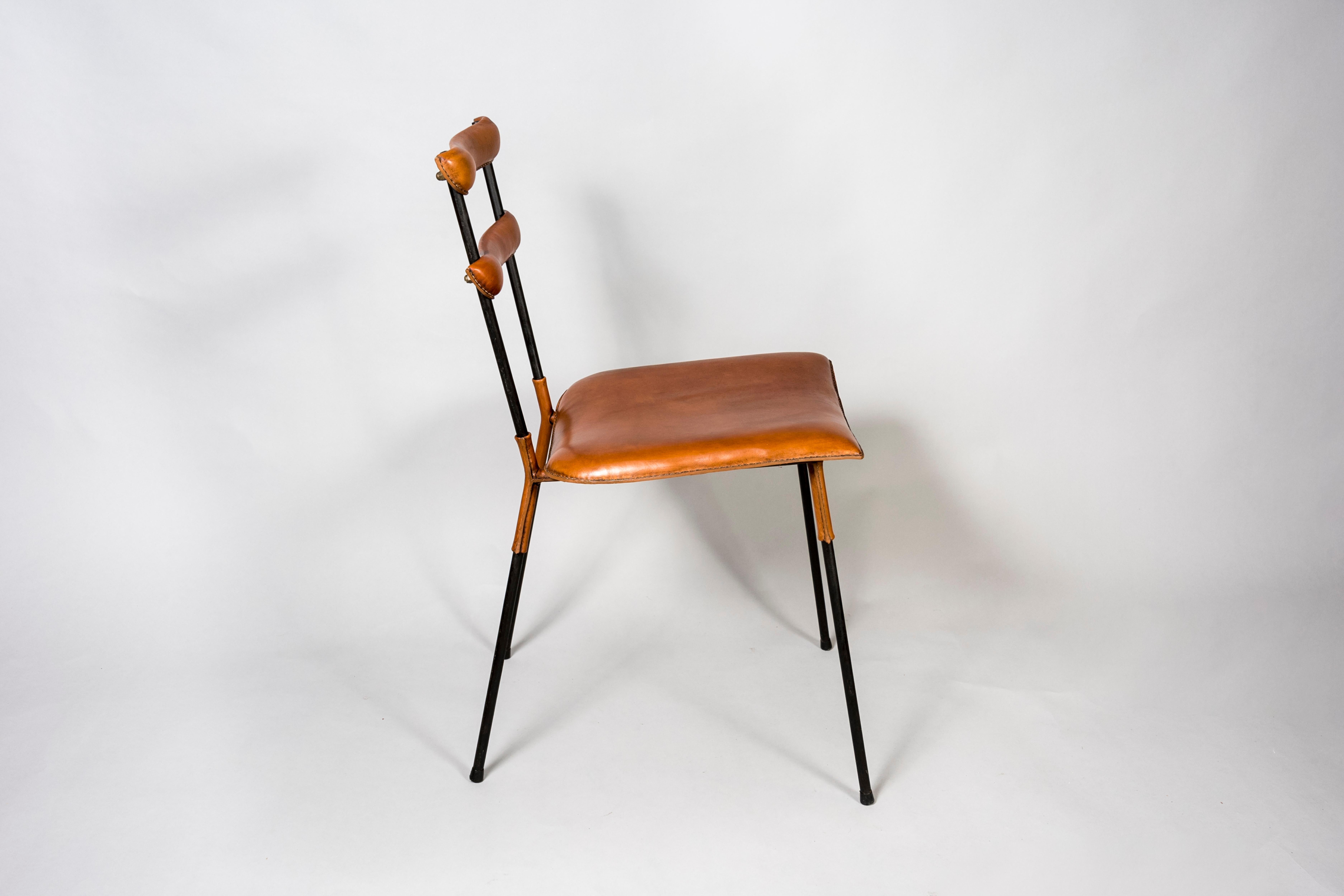 Metal 1950's Stitched Leather Chairs by Jacques Adnet For Sale