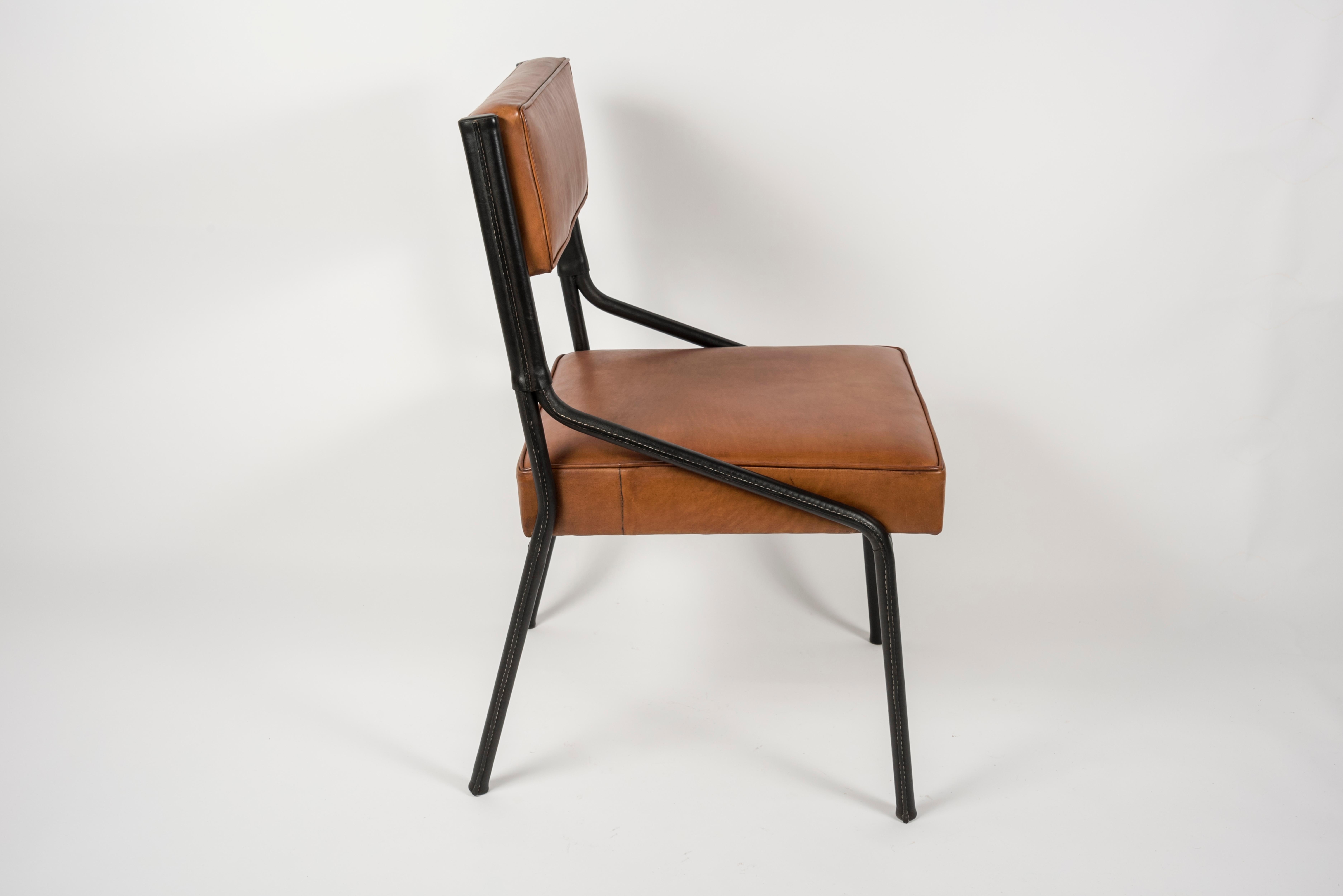 Metal 1950's Stitched Leather Chairs by Jacques Adnet
